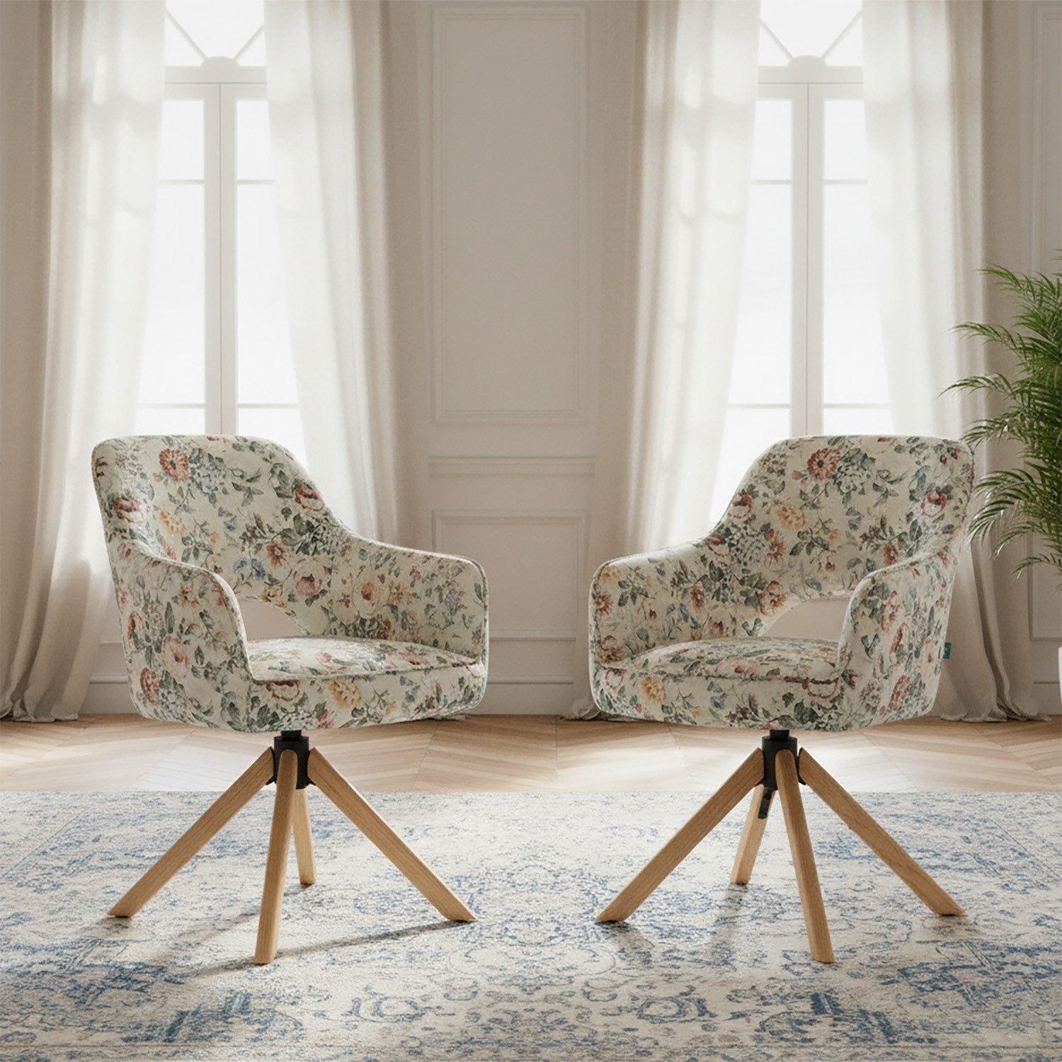 DUBI Möbel Polsterstuhl Mika-Lara, Federkern, Eiche geölt, 360° drehbar, Rückstellfunktion im 2er-Set