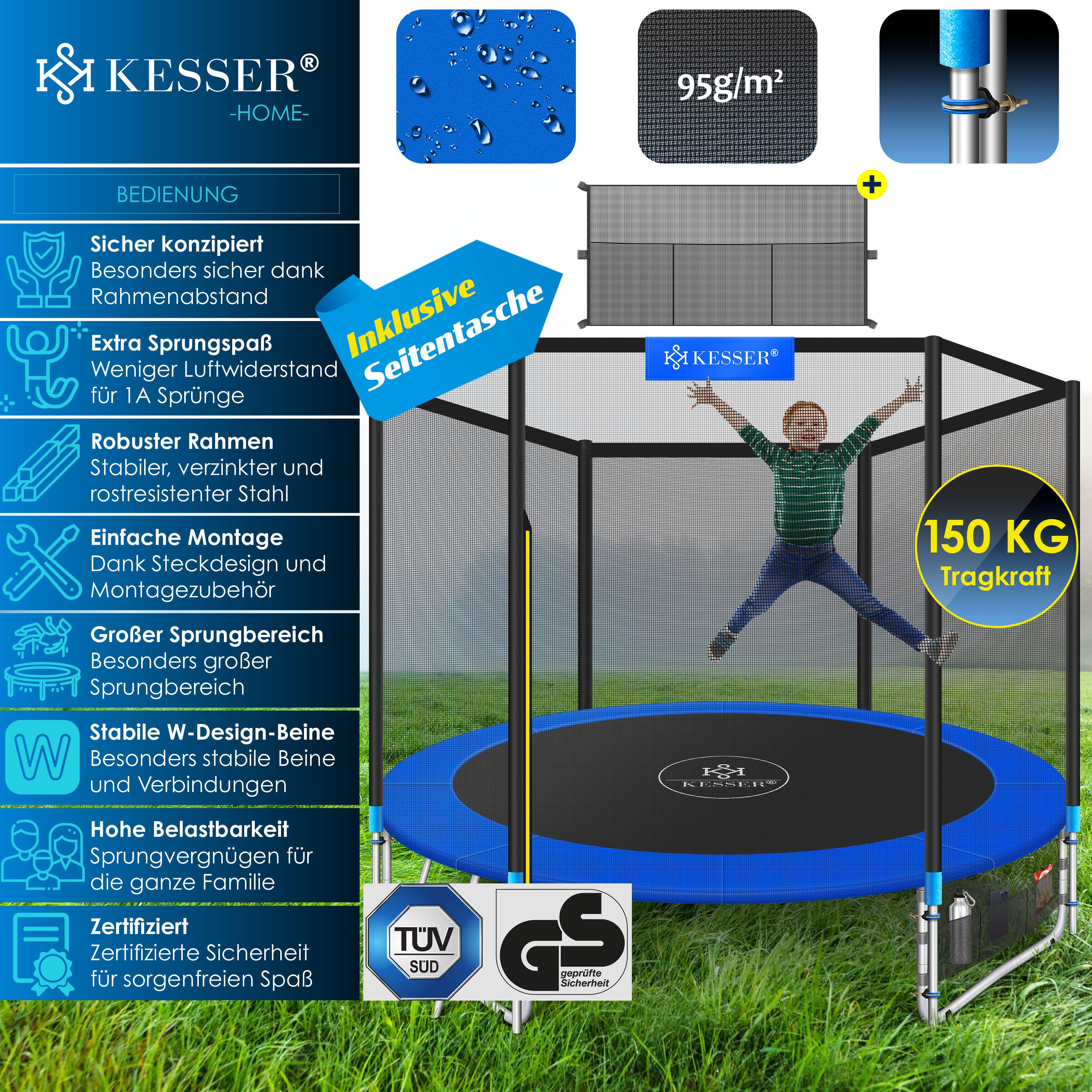 KESSER Gartentrampolin, Ø 244 cm, Trampolin TÜV Rheinland GS Zertifiziert Komplettset Sicherheitsnetz