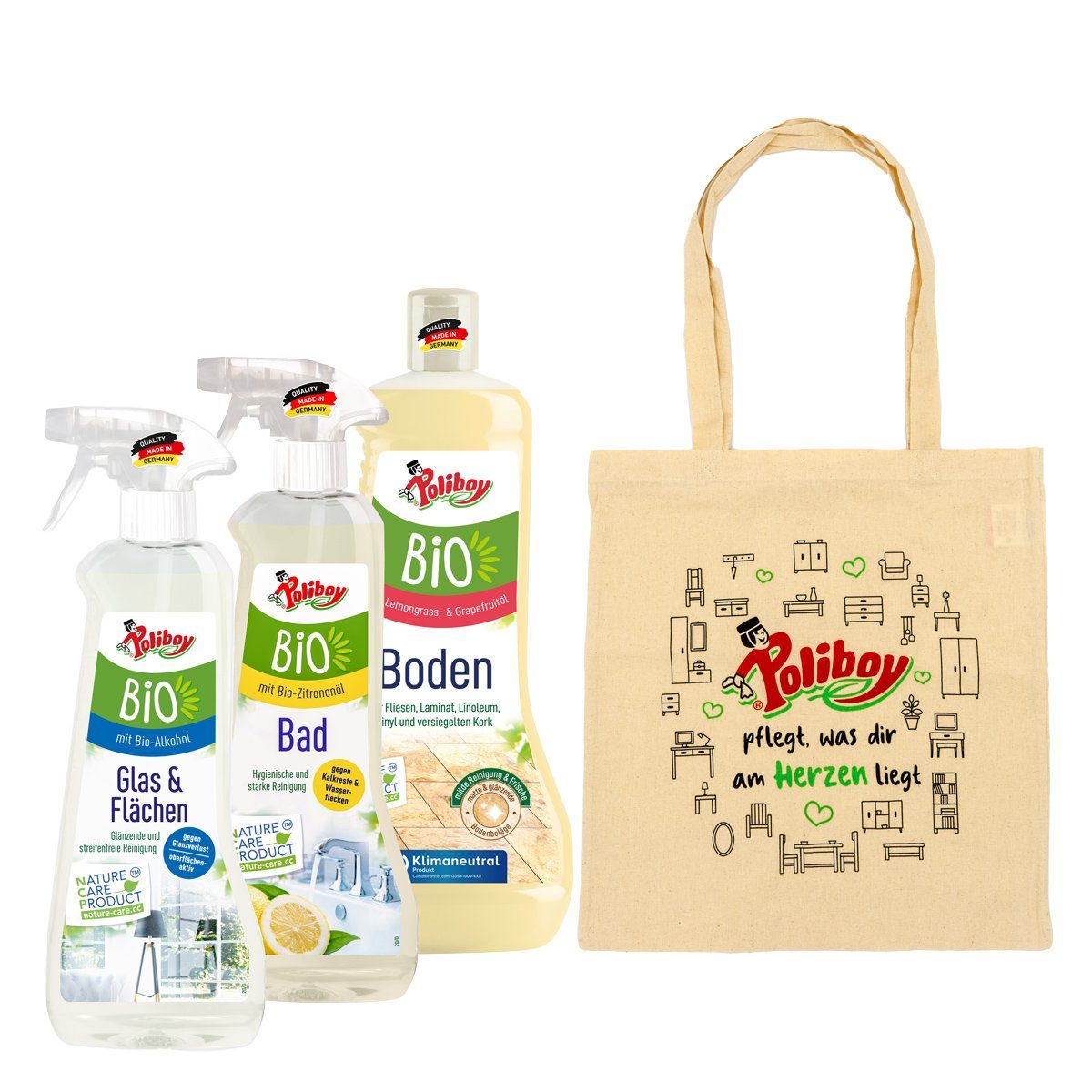 poliboy Reinigungsset Bio - 3 Reiniger: 2x500ml, 1x1 Liter Badreiniger (Bad-, Boden- und Glas- & Flächen Reiniger - Made in Germany)