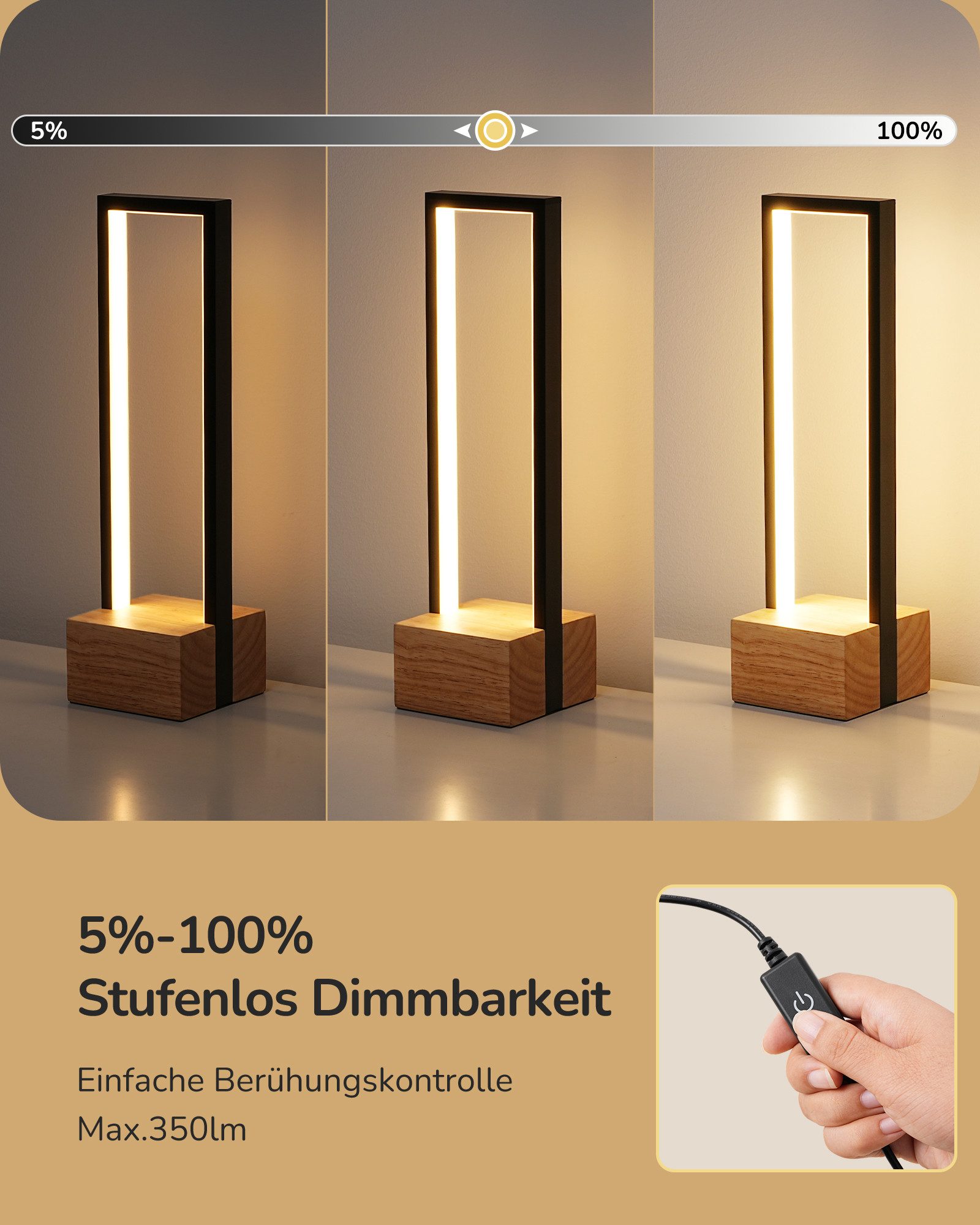 EDISHINE LED Tischleuchte Drehbare, Touch Dimmbare Nachttischlampe deko, LED fest integriert, Tischlampe aus Metall, 3 Farbtemperaturen