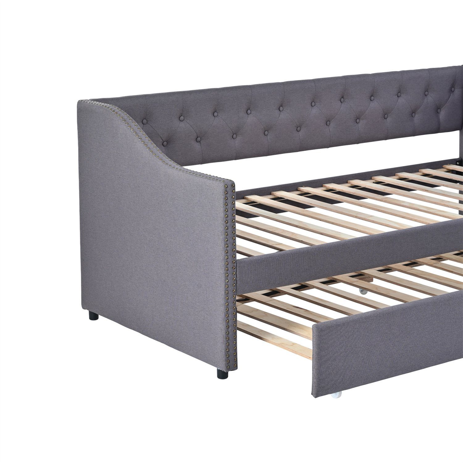 Daybett (Polsterbett mit Ausziehbarem Unterbett und Lattenrost), Schlafsofa Kinderbett Gästebett 90x200cm, Leinen