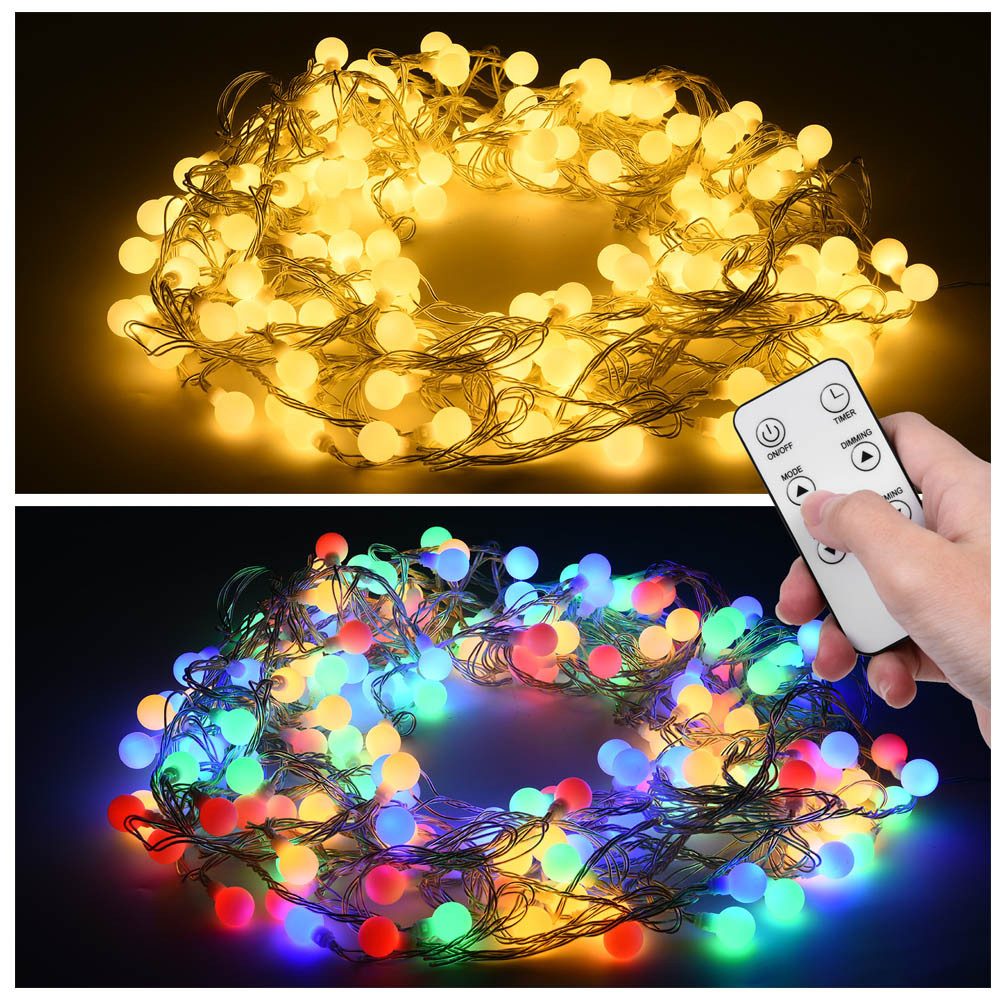 XERSEK LED-Lichterkette Kugel 150LED 20m Dimmbar Partylichterkette mit Stecker Timer & Memory, 150-flammig, Bunt + Warmweiß für Weihnachten, Hochzeit, Party