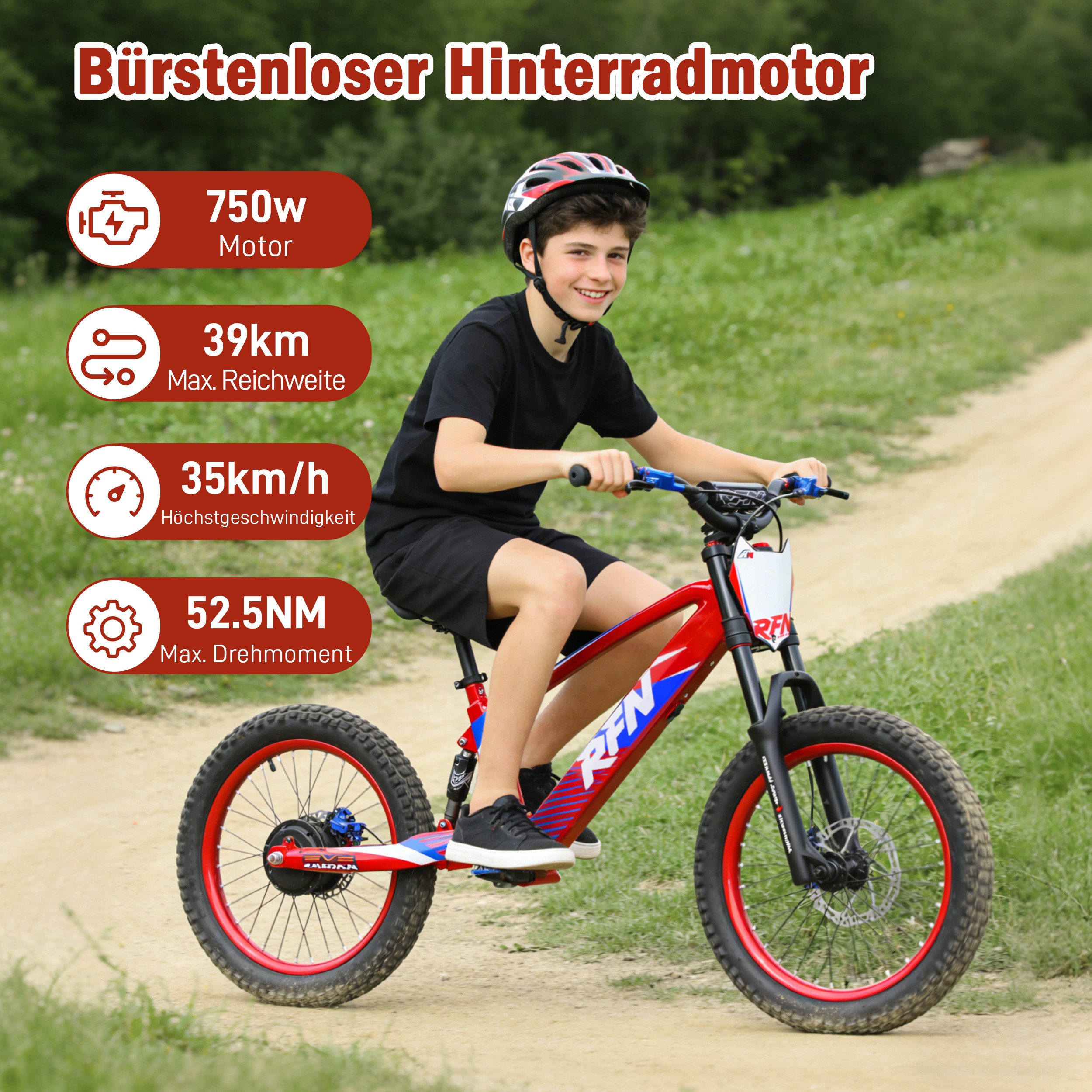 Vankel Elektro-Kindermotorrad EVO20 750W 20 Zoll E-Motorrad für Kinder ab 12 Jahre 36V Akku, Belastbarkeit 70 kg, 3 Fahrstufen Bis 35 km/h, 52.5 Nm, hydraulische Scheibenbremsen