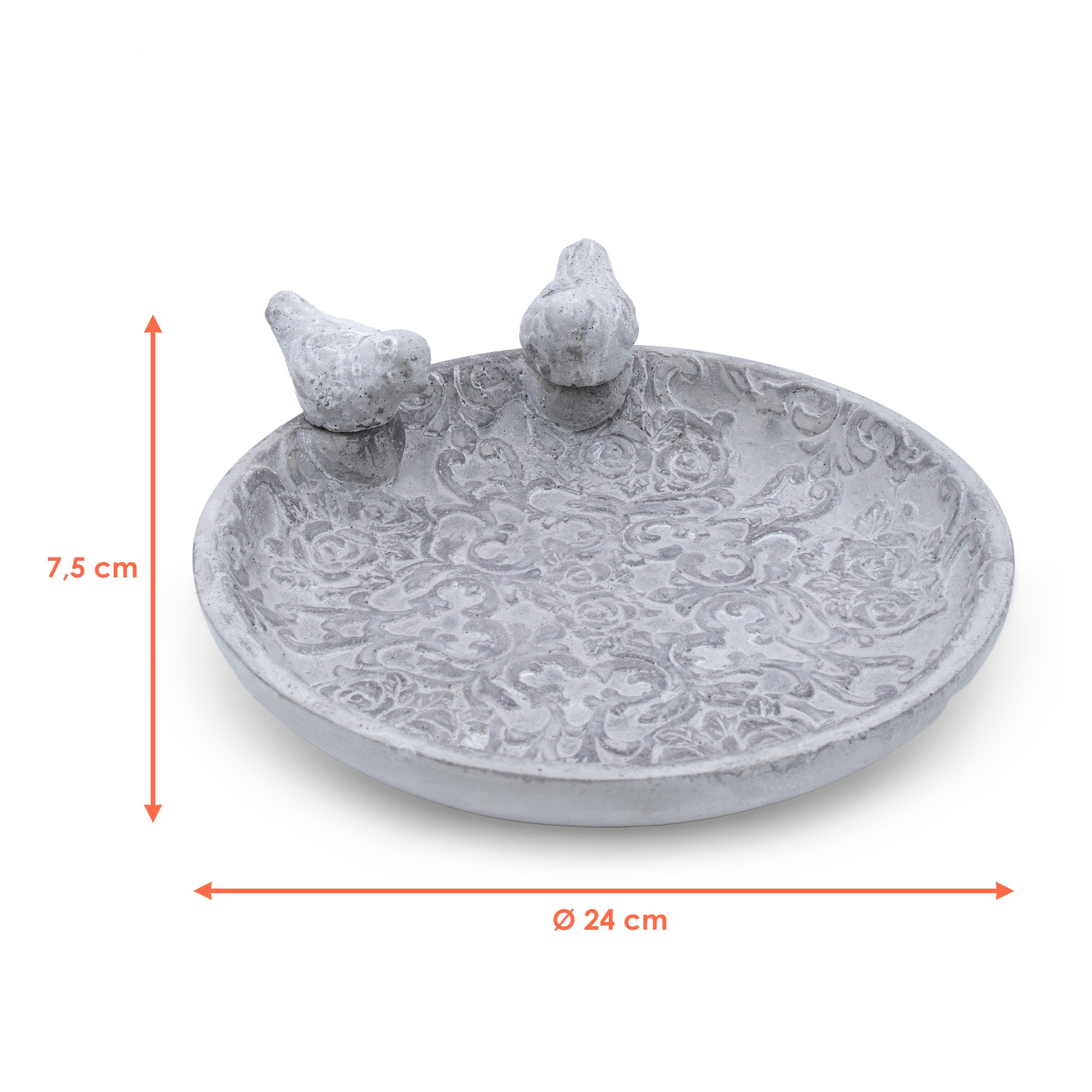 Spetebo Vogeltränke Beton Vogeltränke in grau mit Ornamenten - 24 cm 0,2 l, Vogelbad aus Stein mit Vogel Figuren