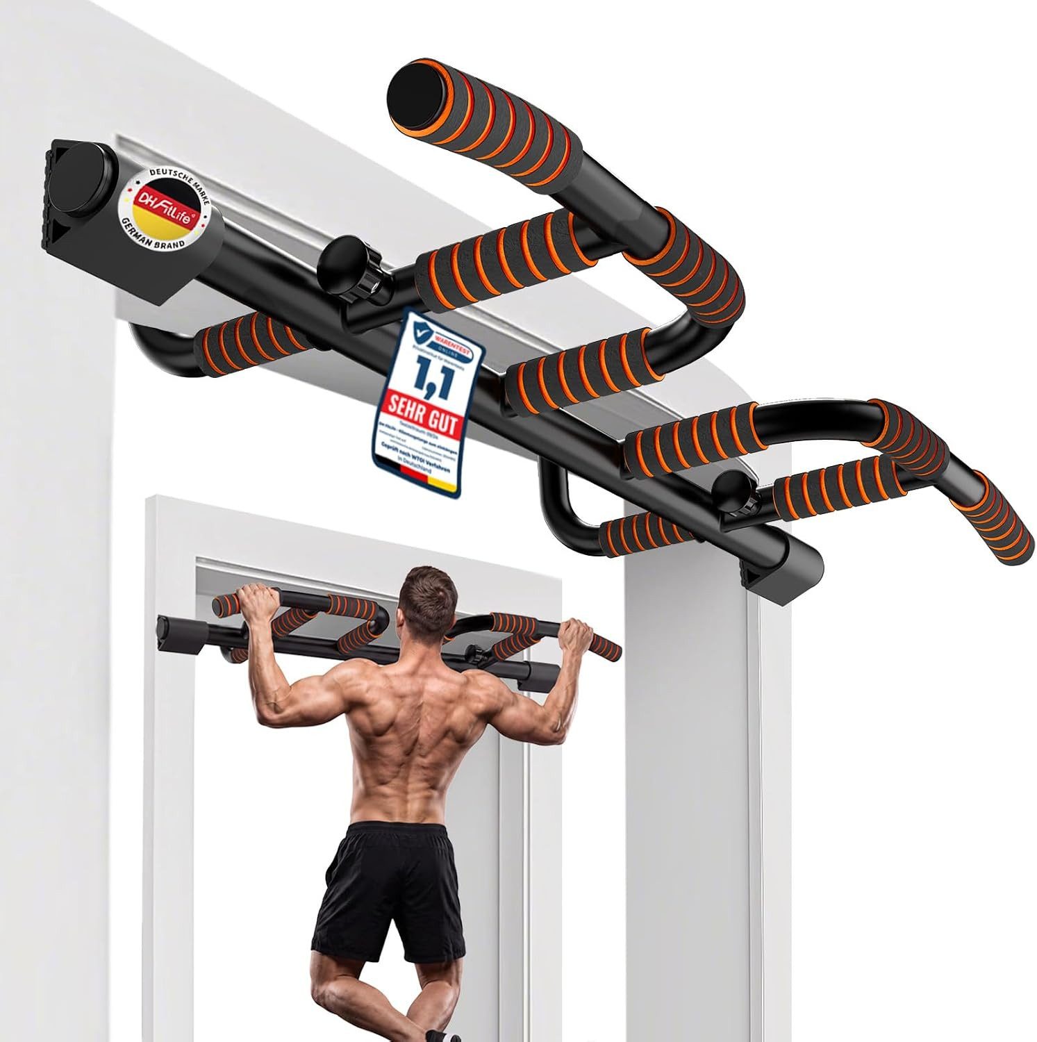 DH FitLife Klimmzugstange Türrahmen ohne Schrauben kein Abrutschen (für Türrahmen 65-92cm, mit Multigriff-Positionen), Reckstange Turnstange Türreck zum Einhängen