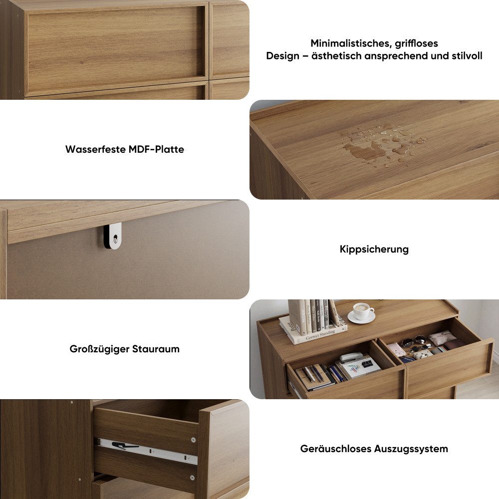 Sweiko Kommode mit sechs Schubladen, Kleiderschrank, Schminktisch (geeignet für Wohnzimmer, Schlafzimmer, Flur), Aufbewahrungsmöbel aus Holz, 115 x 48 x 80 cm, Eichenfarbe