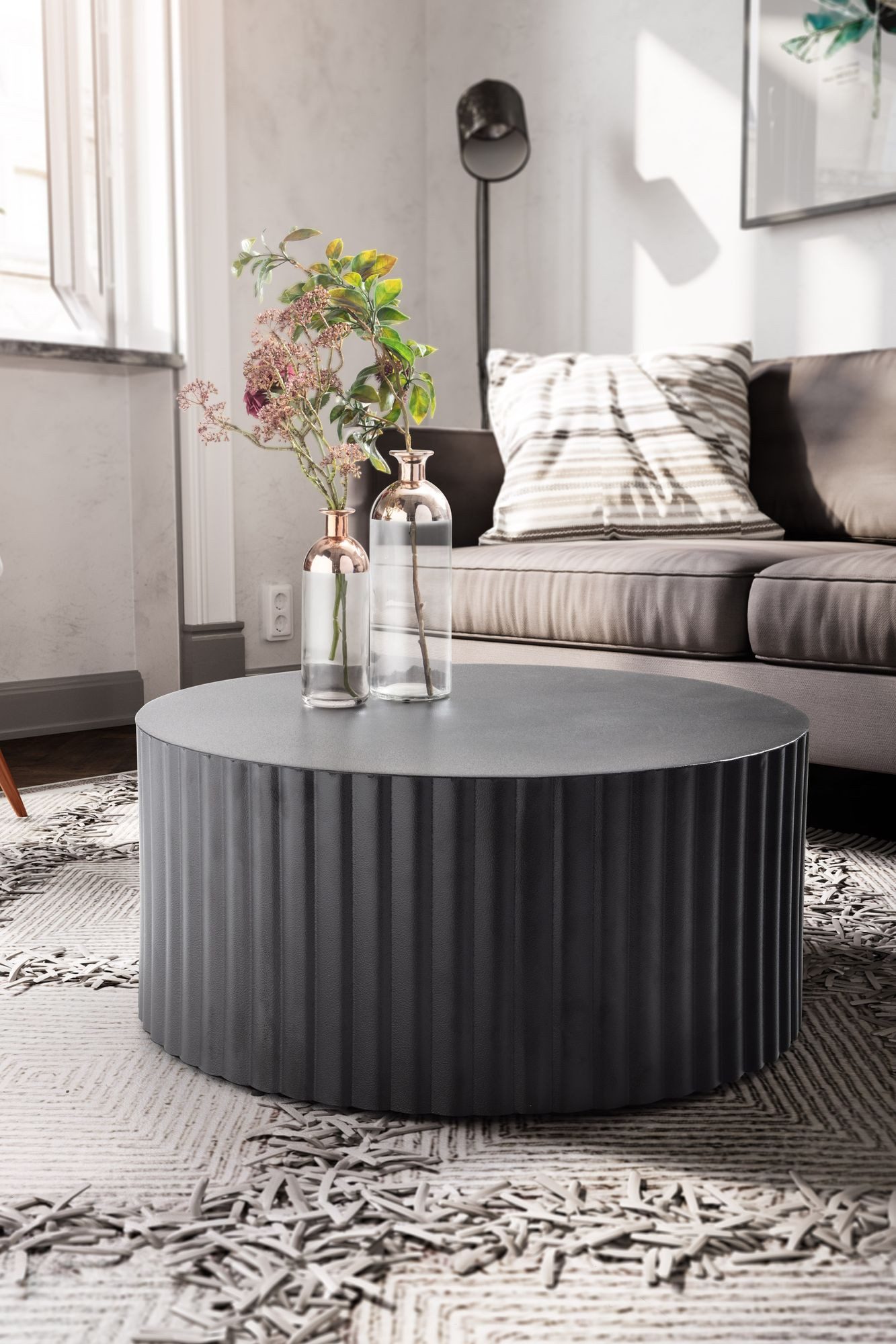 FINEBUY Couchtisch FB92224 Rund Metall Design Wohnzimmertisch Alu Wellen Beistelltisch (67x67x31 cm, Sofatisch Rund Schwarz, Wellenmuster), Wohnzimmertisch Kaffeetisch Eisen Modern