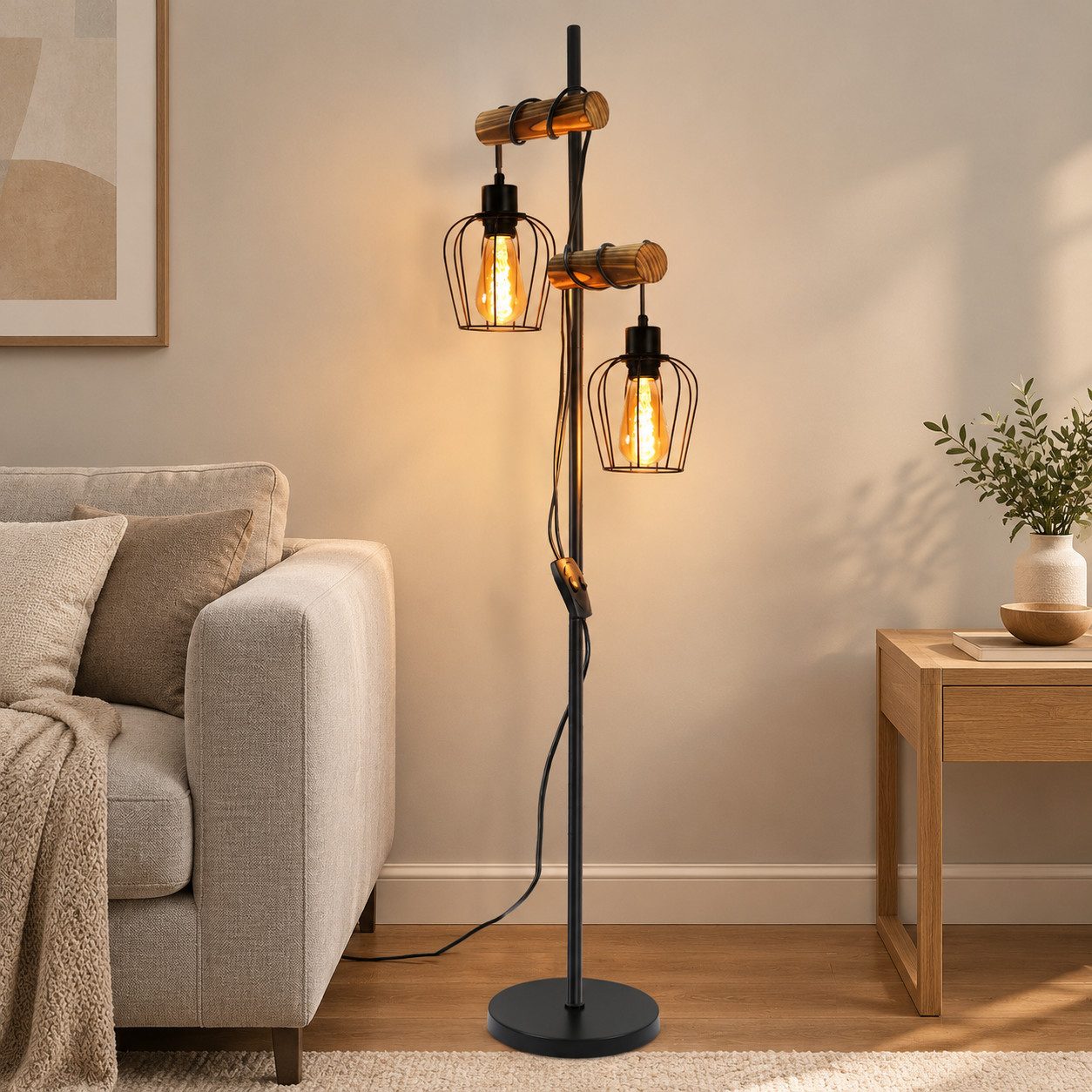 Nettlife Stehlampe Schwarz 2-Flammig 145cm E14/E27 Stehleuchte Vintage Metall Industrial, mit Kippschalter, ohne Leuchtmittel, …