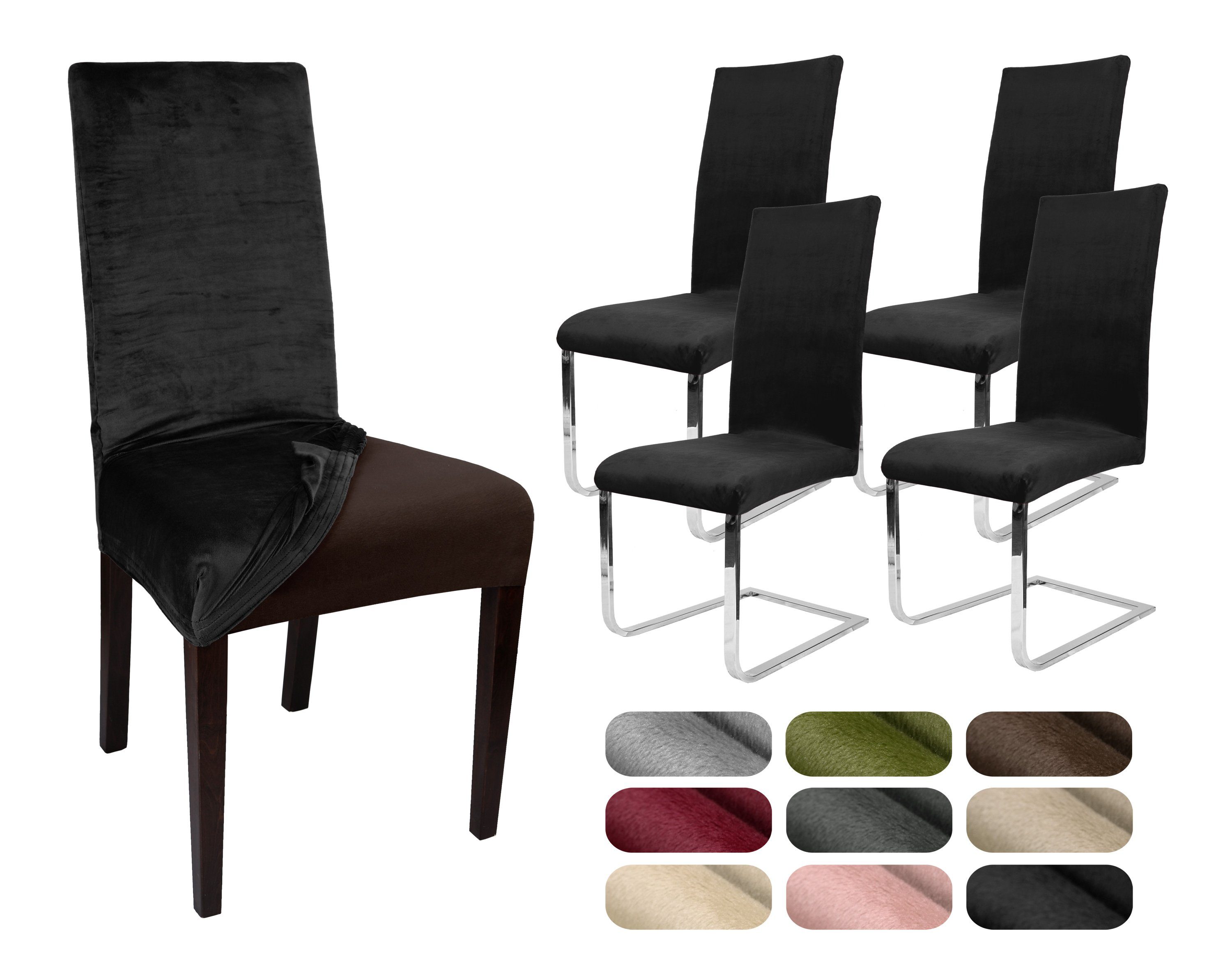 Beautex Stuhlhusse 4er Set LEA Stuhlhusse, elastische Uni Stretch-Husse Samt Mikrofaser