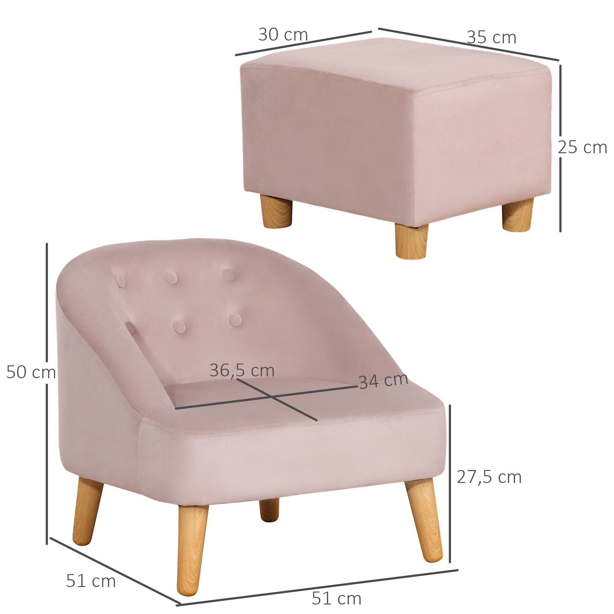 HOMCOM Sessel Kindersessel Kindermöbel rosa und Einfache Eukalyptusholz 10-St., Demontage rosa Samtoptik | Kindersofa), | Montage Kinderzimmer rosa (Set