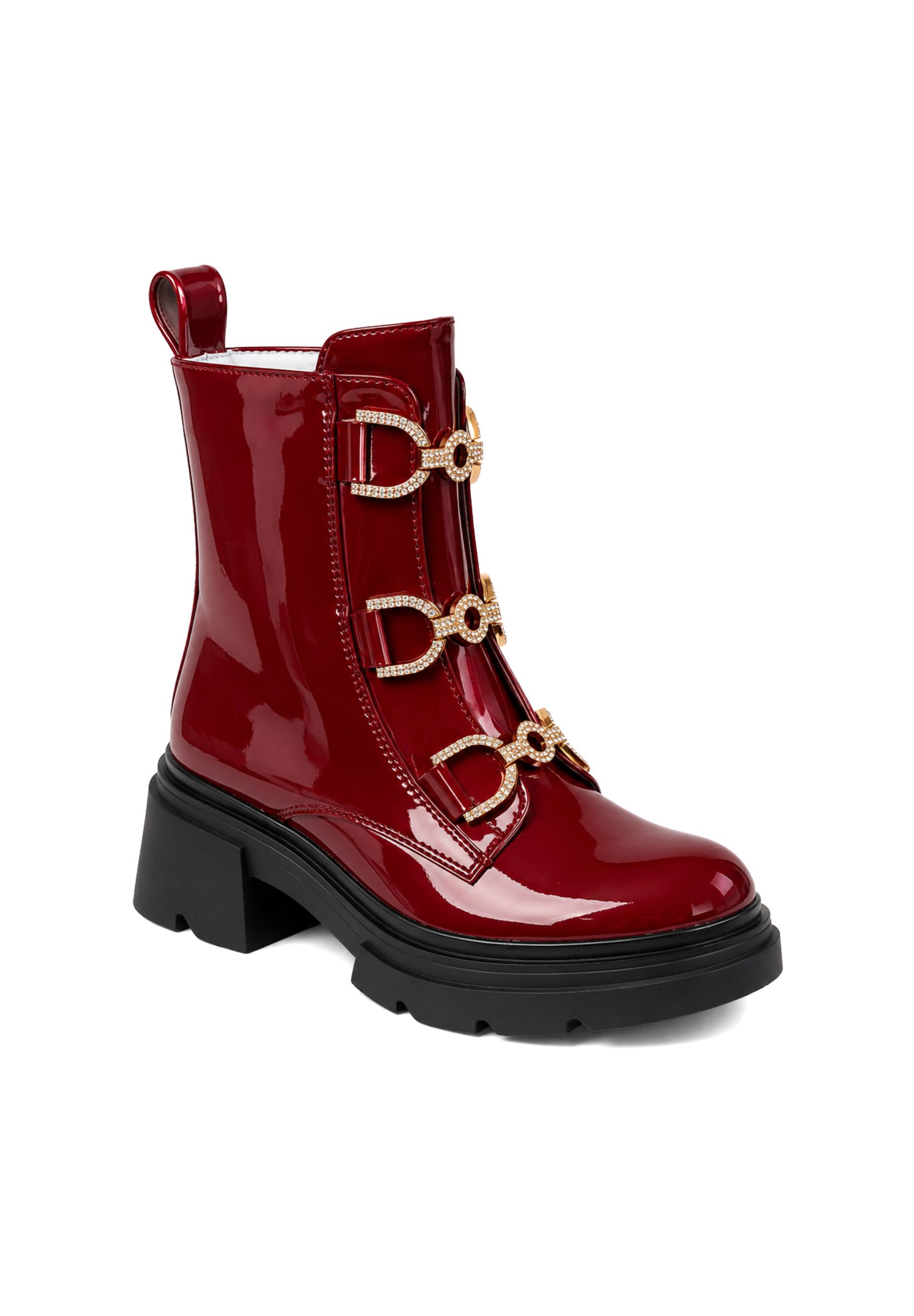 Day Vine Damen Boots in Lackoptik mit Schnallen, Profilsohle und Blockabsatz Stiefelette