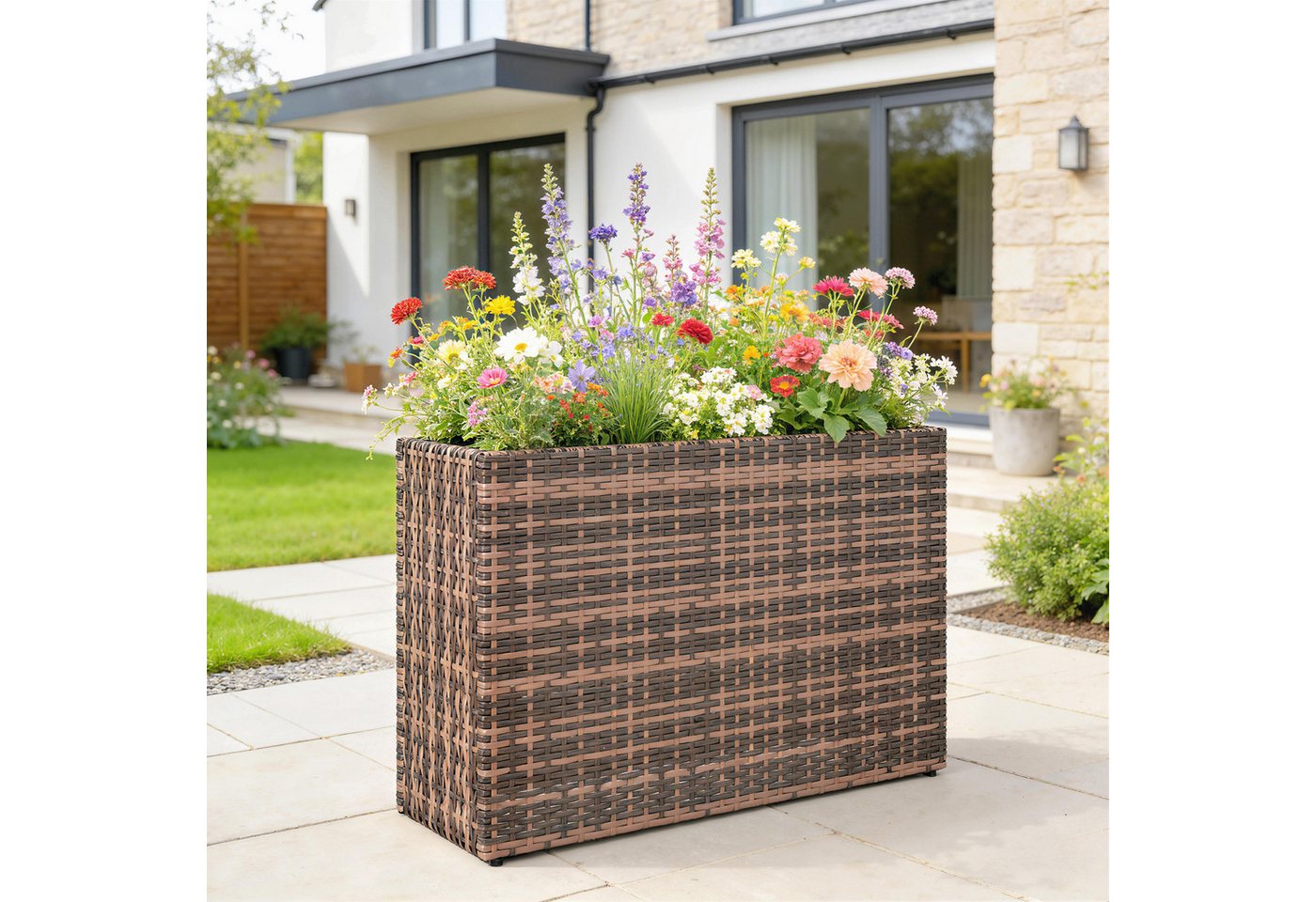 Outsunny Blumenkasten Polyrattan Hochbeet mit verstellbaren Füßen, Braun (Pflanzkübel, 1 St., Pflanzkasten), PE-Rattan, Stahlrahmen, Drainagelöcher