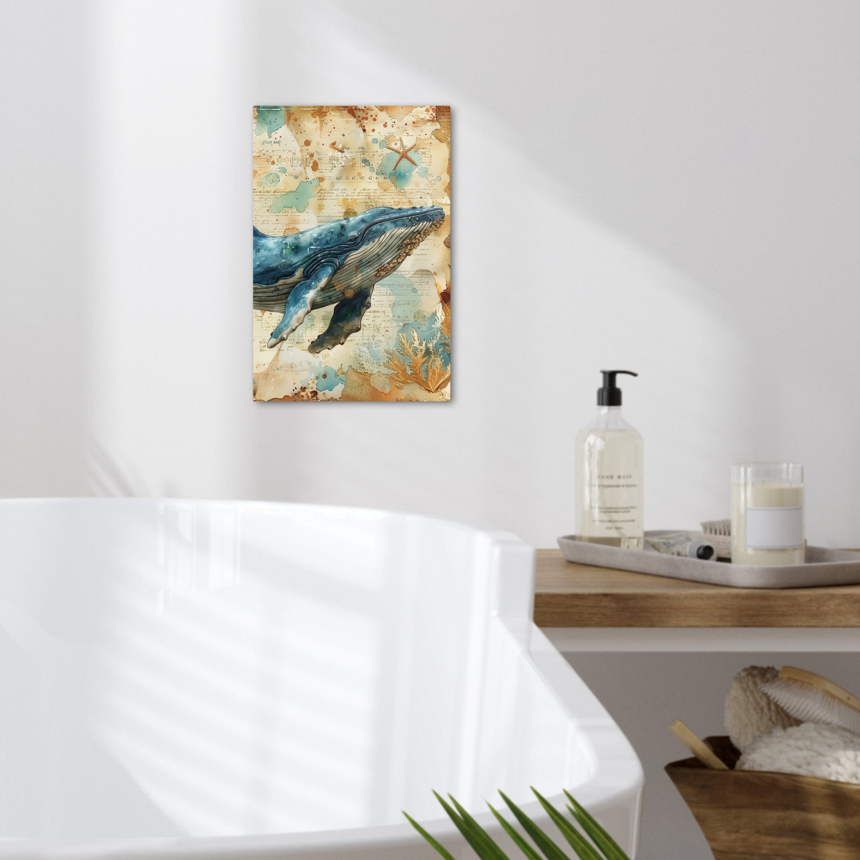 OneMillionCanvasses® Leinwandbild Vintage - Wal - Aquarell - Blau - Meerestiere, Fotodruck (1 St), Badezimmer Deko, Bilder WC, Toilette Wanddeko 20x30 cm
