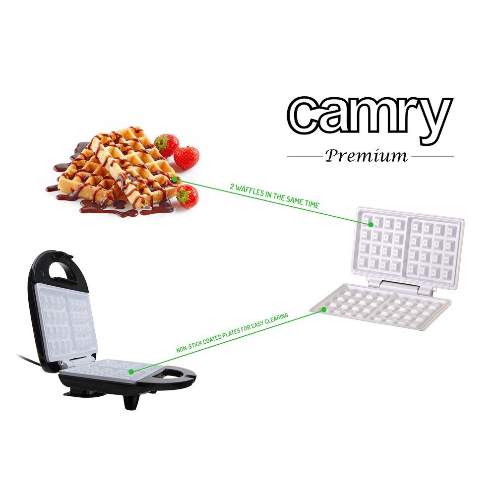 Camry Waffeleisen CR 3019 Waffelmaker für 2 Waffeln, Thermostat, 1000 W, Antihaft-Platten mit weißer Keramikbeschichtung, Silber/Schwarz