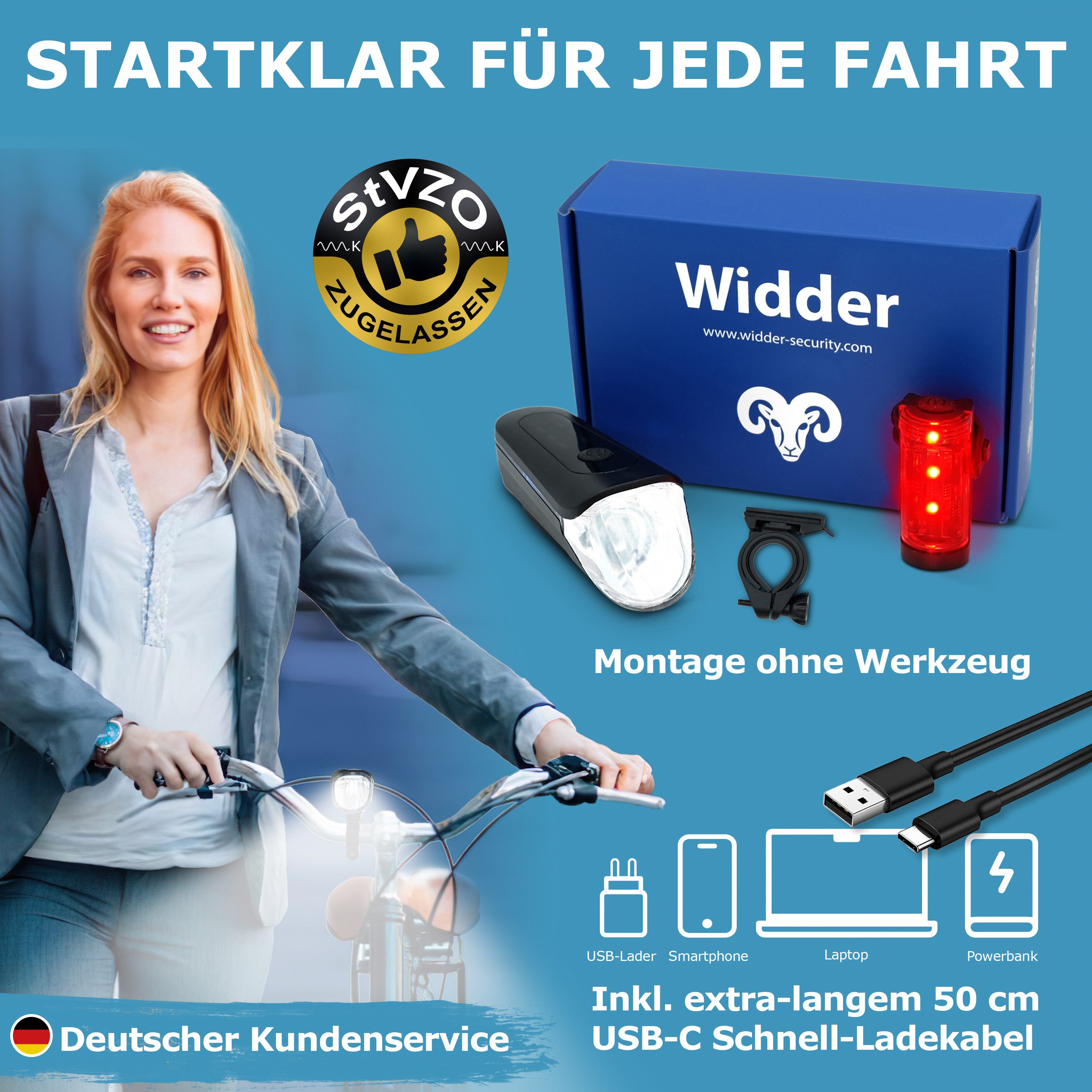 Widder Fahrradbeleuchtung [extrem hell 170 Lum, StVZO zugelassen] Fahrradlicht Set Vorn & Hinten, mit Automatik-Modus • USB-C aufladbar • E-Bike, Fahrrad, Scoot – Bild 4 von 5