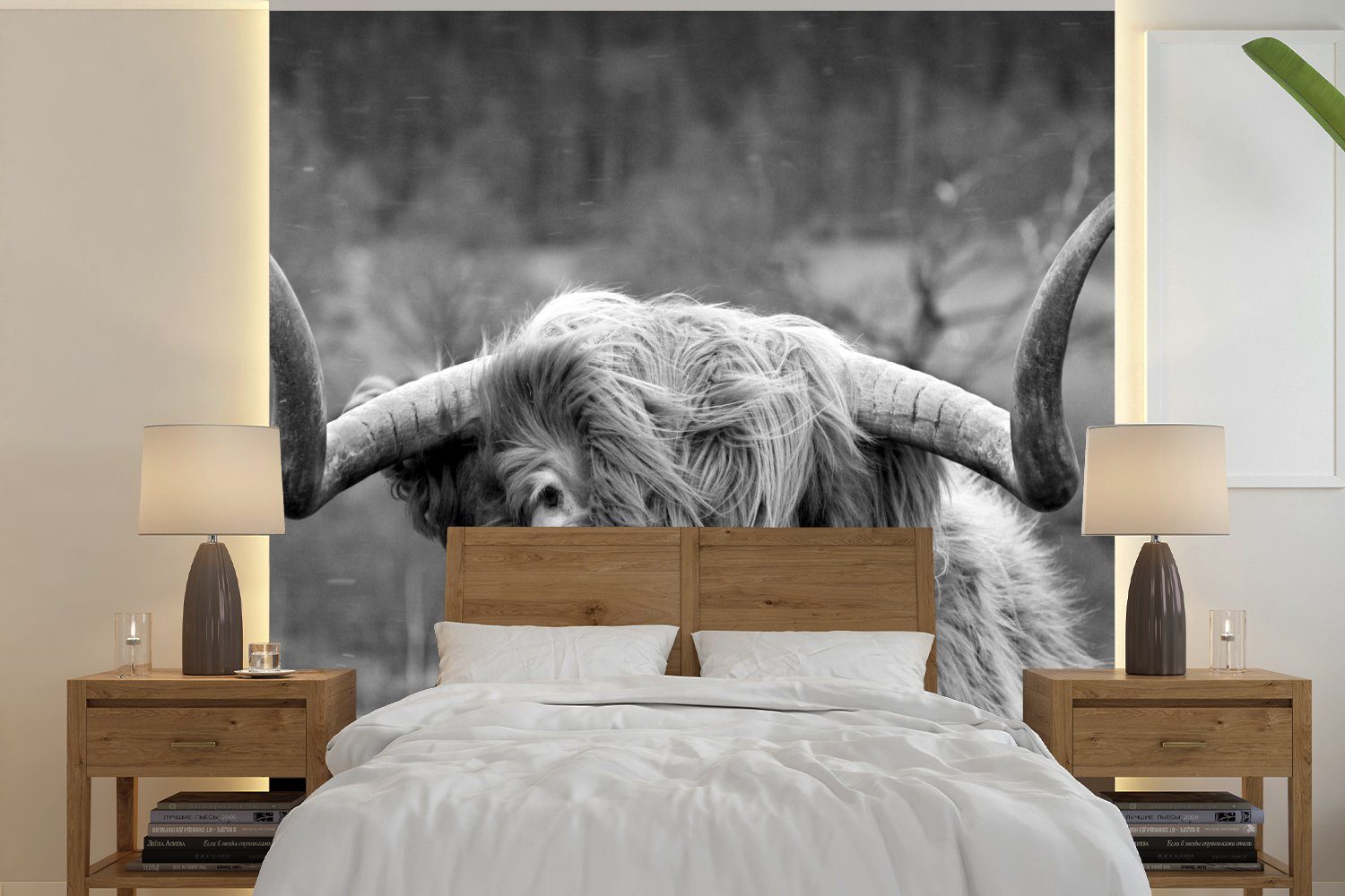 MuchoWow Fototapete Schottischer Highlander - Kuhkopf - Landschaft - Natur - Kuh, Matt, bedruckt, (4 St), Vliestapete für Wohnzimmer Schlafzimmer Küche, Fototapete