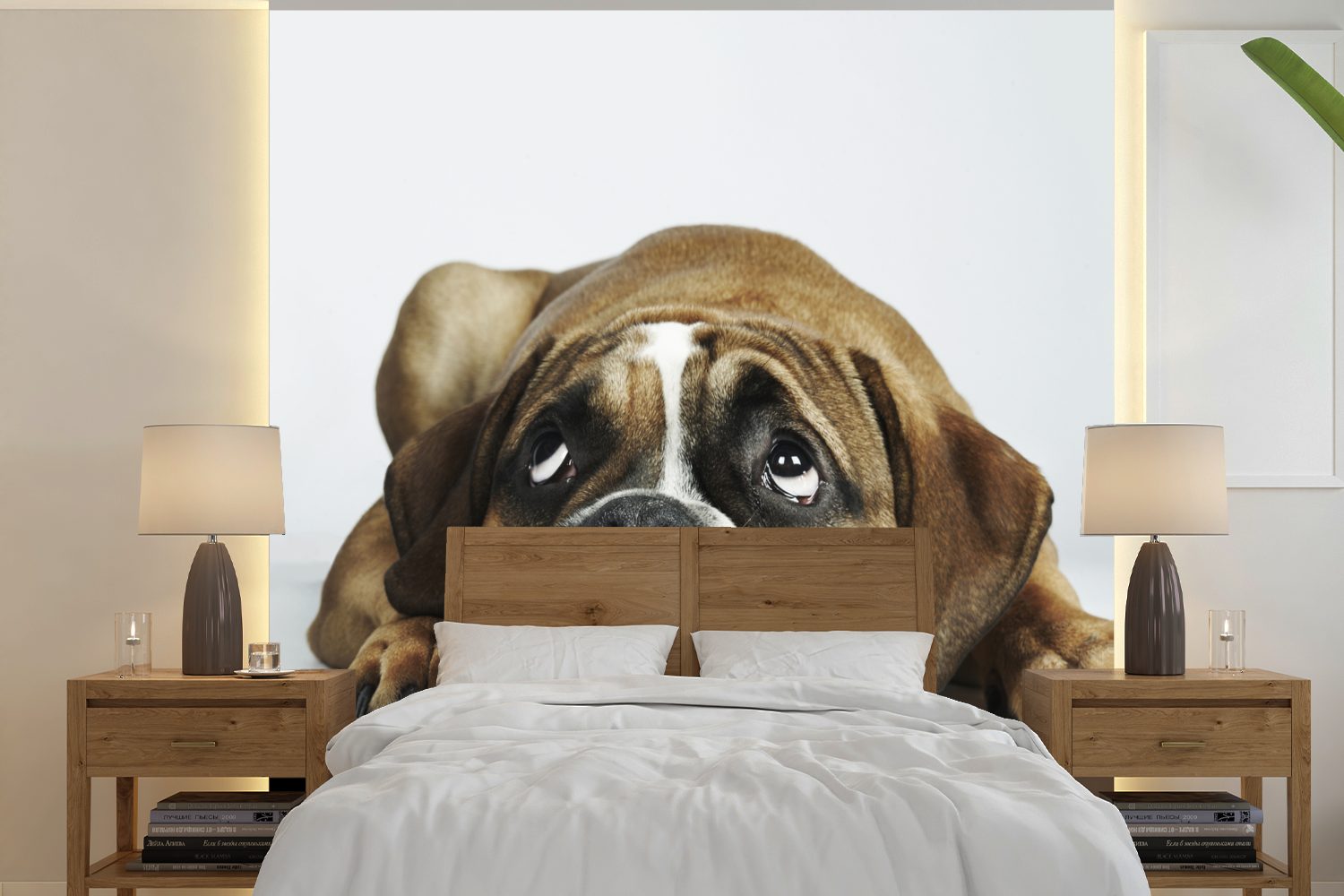 MuchoWow Fototapete Hund - Haustiere - Weiß, Matt, bedruckt, (5 St), Vinyl Tapete für Wohnzimmer oder Schlafzimmer, Wandtapete