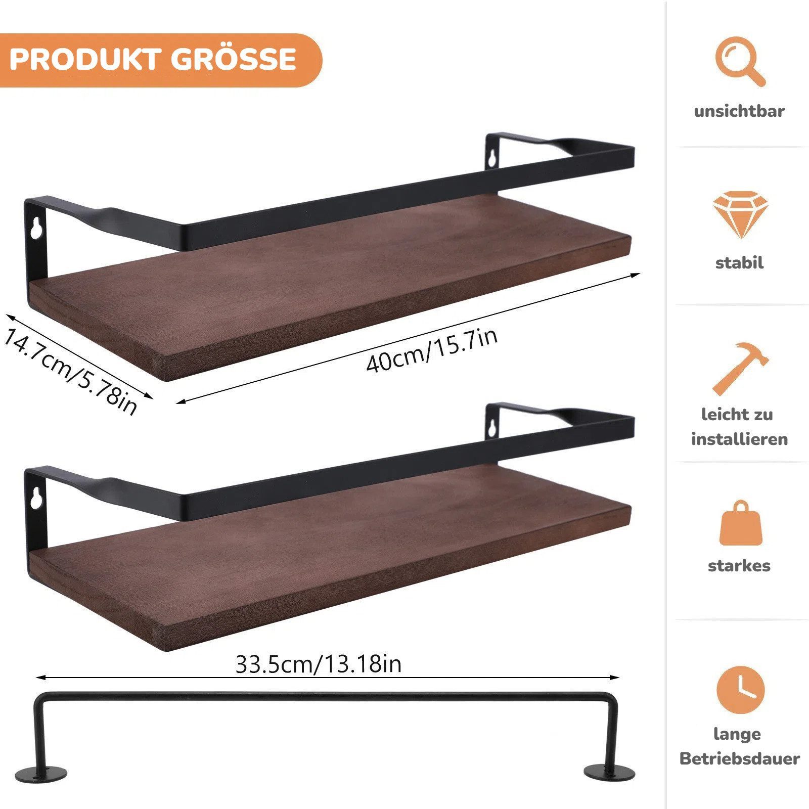BlingBin Wandregal 2 Stück Schweberegal mit Handtuchhalter, Wandboard für Badezimmer, 2er Set 2-tlg., Schwebend Holz Regale für Schlafzimmer, Wohnzimmer, Küche