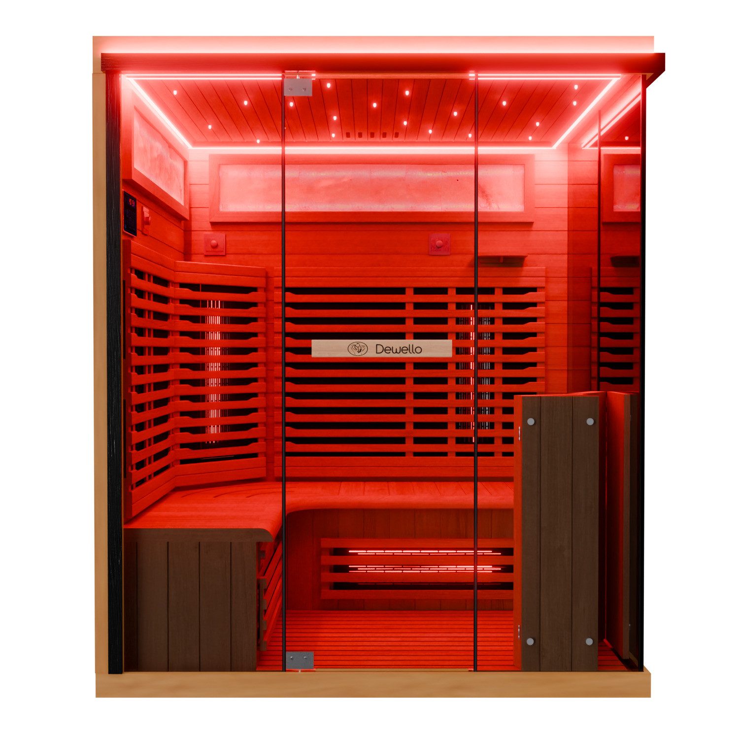 Dewello Sauna KENORA 160 Wärmekabine, 2-3 Personen, 6 Vollspektrumstrahler, BxTxH: 120 x 120 x 190 cm, (aus Hemlock-Tannenholz, leichter Aufbau dank Stecksystem, inkl. Ionisator mit Ozondesinfektion und Aromatherapie, Bluetooth & FM) klappbare Frontstrahler
