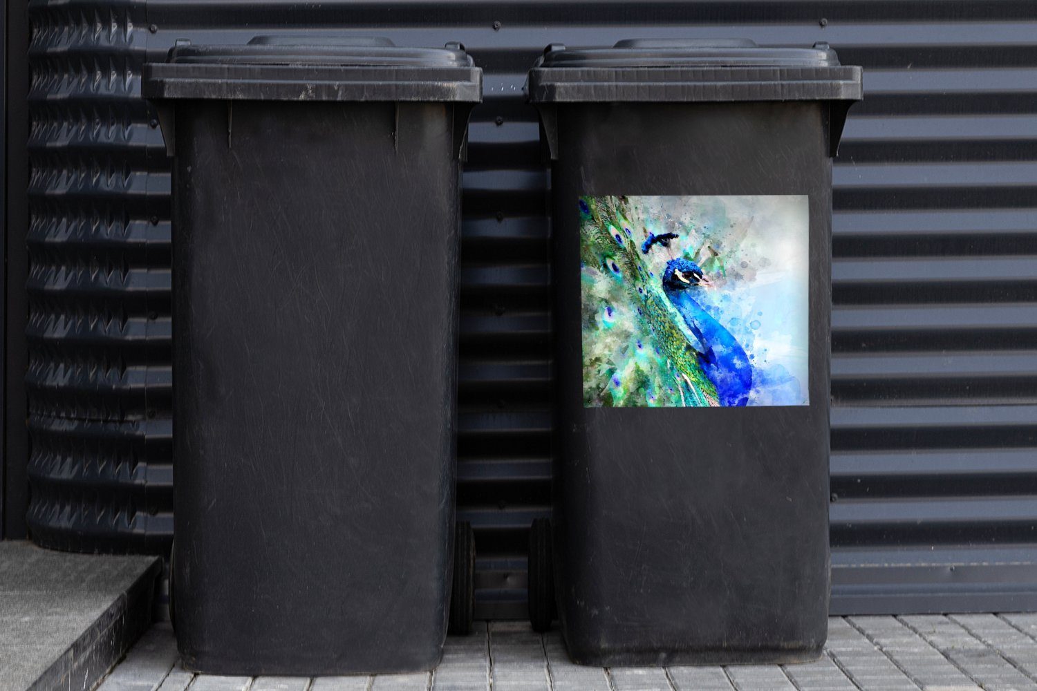 Sticker, Abfalbehälter (1 Aquarell Blau - Mülleimer-aufkleber, Pfau Container, Wandsticker Mülltonne, MuchoWow - St),