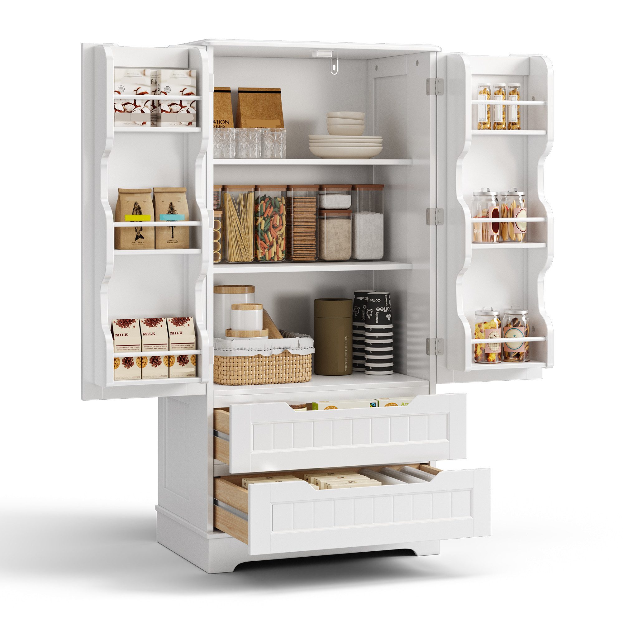 Bealife Sideboard hoher Küchenschrank mit 2 Schubladen und 2 Türen, Vorratschrank, Weiß