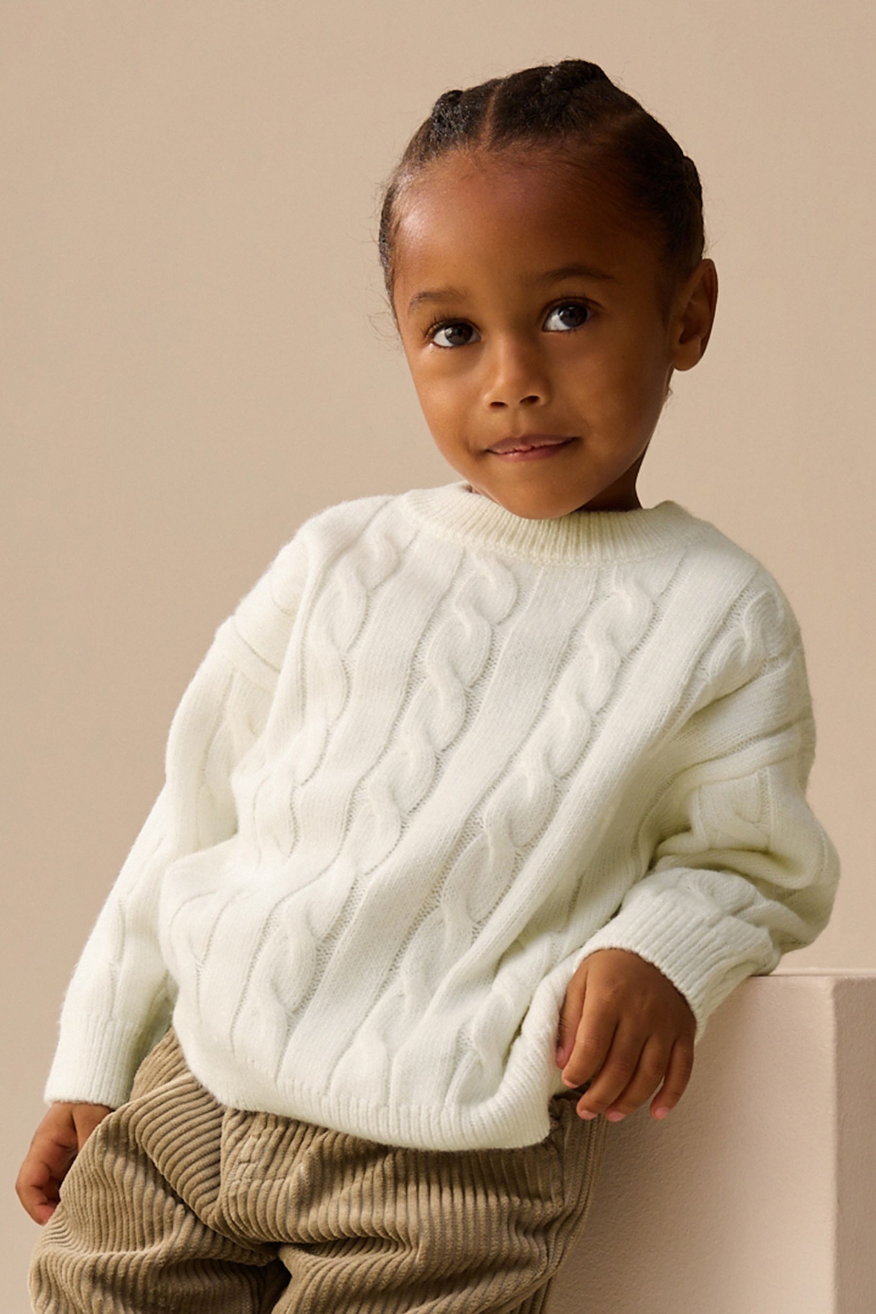 Next Rundhalspullover Rundhals-Pullover mit Zopfstrickmuster + Streifen (1-tlg)