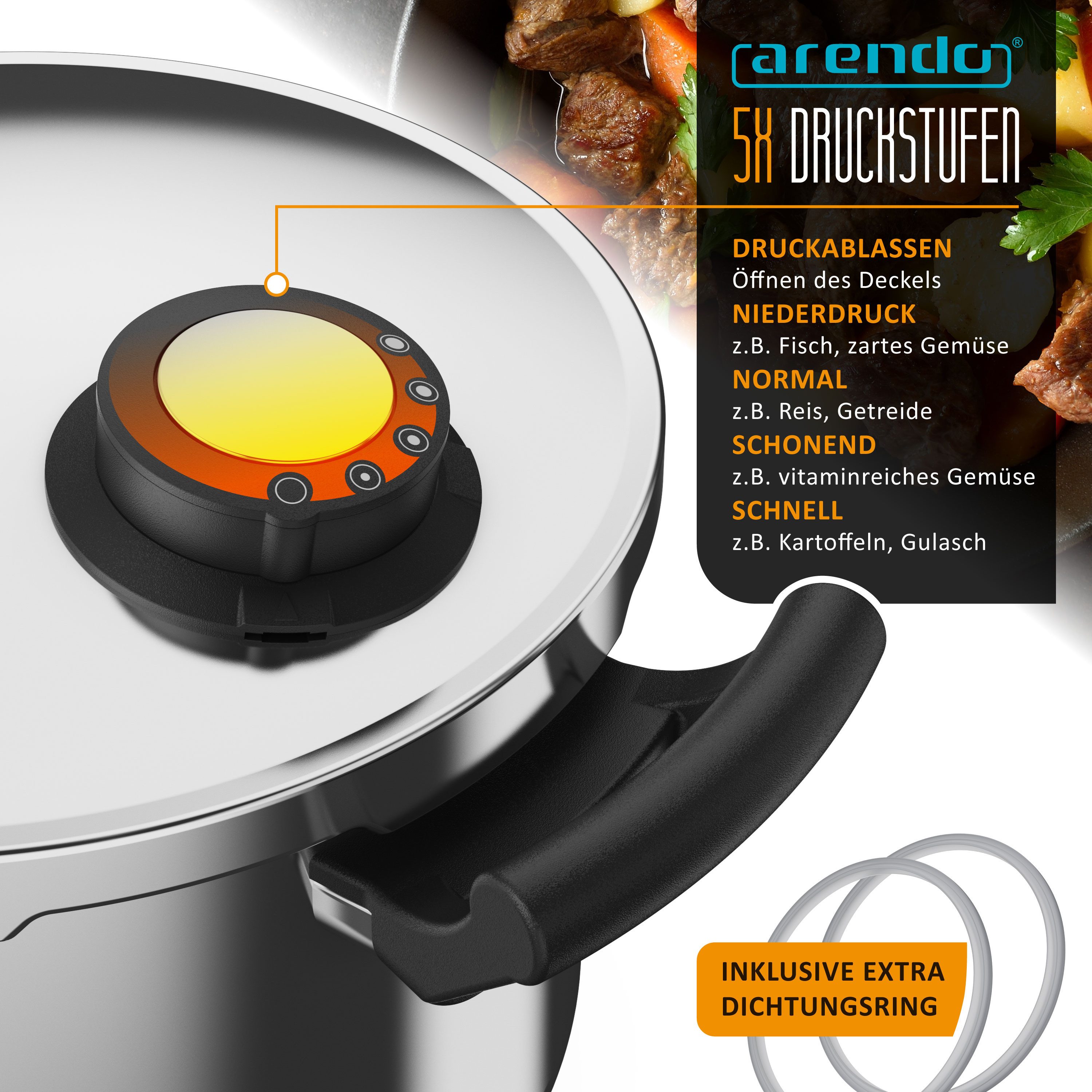Arendo Schnellkochtopf Edelstahl Dampfkochtopf 6 Liter mit Sicherheitssystem, 5 Kochvarianten, Edelstahl (1-tlg), Dampfgaren, Einkochen, Für Induktionsherde, Gasherde und Ceranfelder