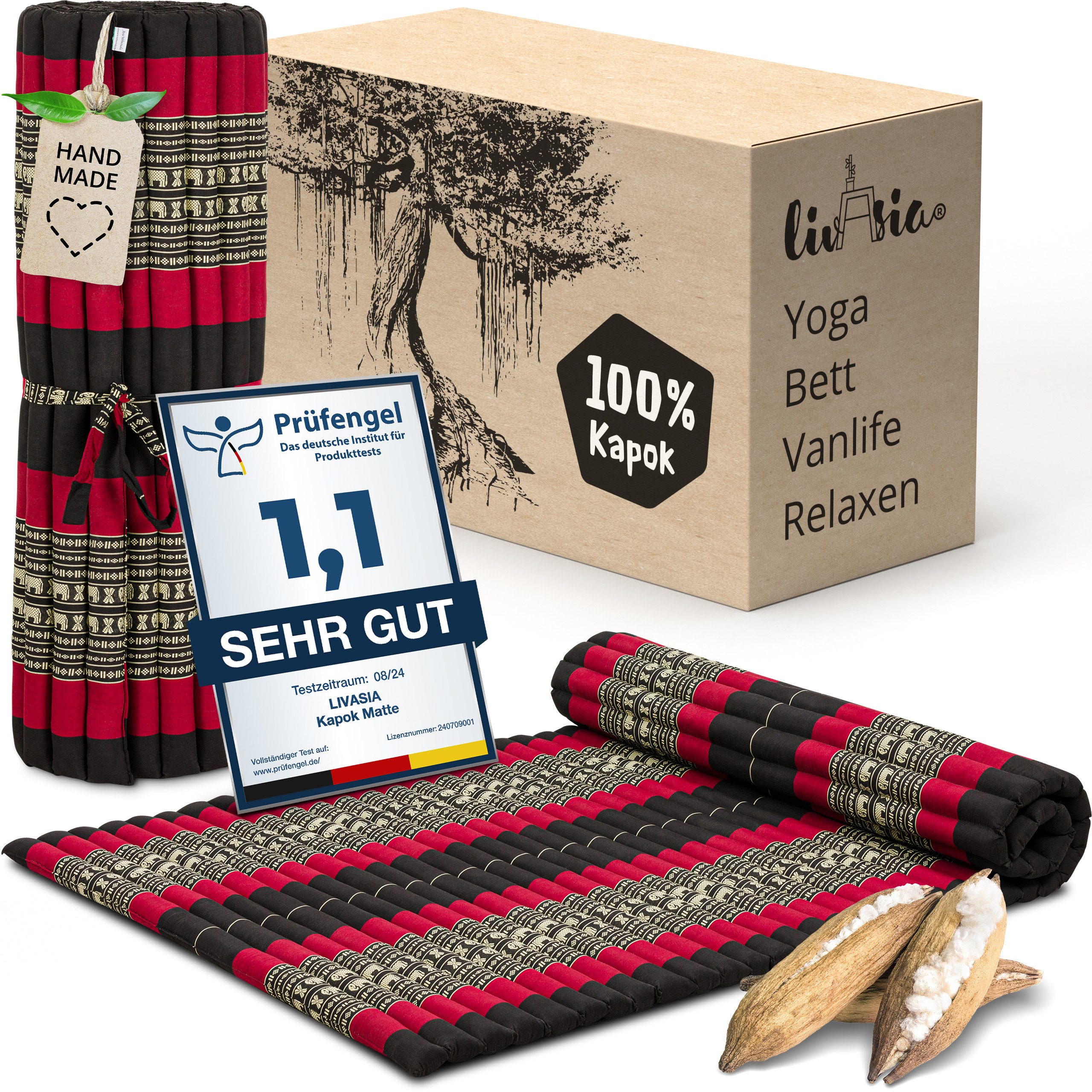Reisebett-Matratzen Rollmatte 110 cm breit, vegan und handgefertigt, 200x110x4,5cm, livasia, Kapok