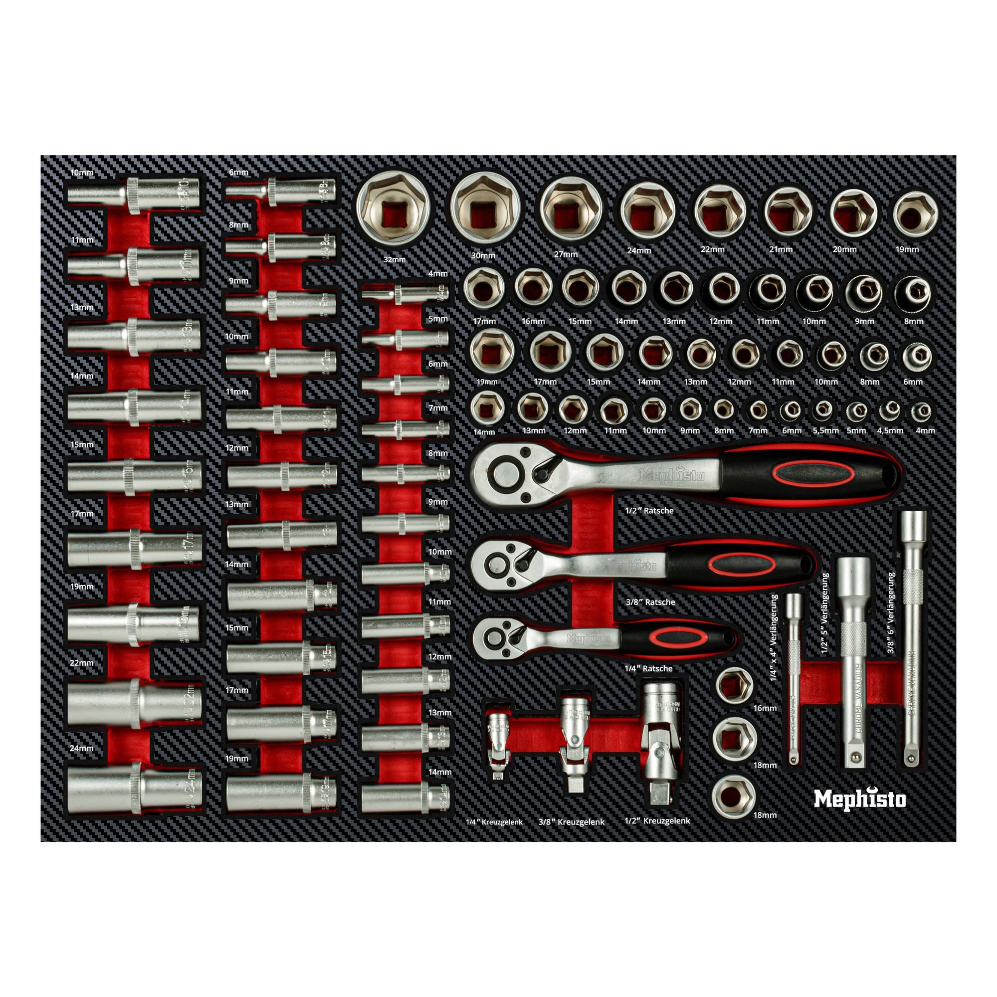 Mephisto-Tools Werkzeugset, (Set), metrisch, inkl. Soft Inlay in Carbon-Optik