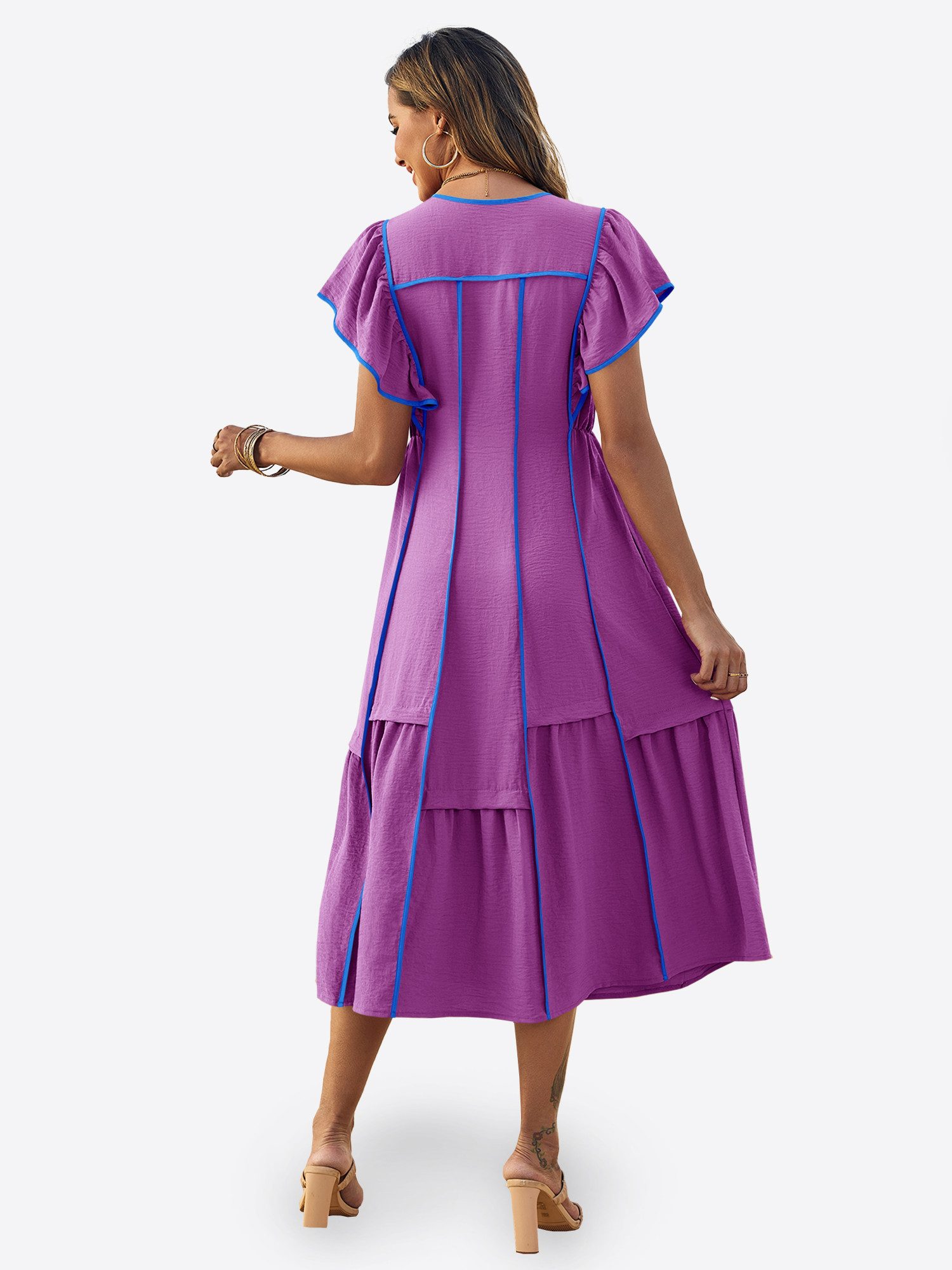 Imily Bela Maxikleid Damen Langkleid mit Rüschen im fließenden Stil (Packung, 1-tlg., 1per-Pack) kontrastfarben