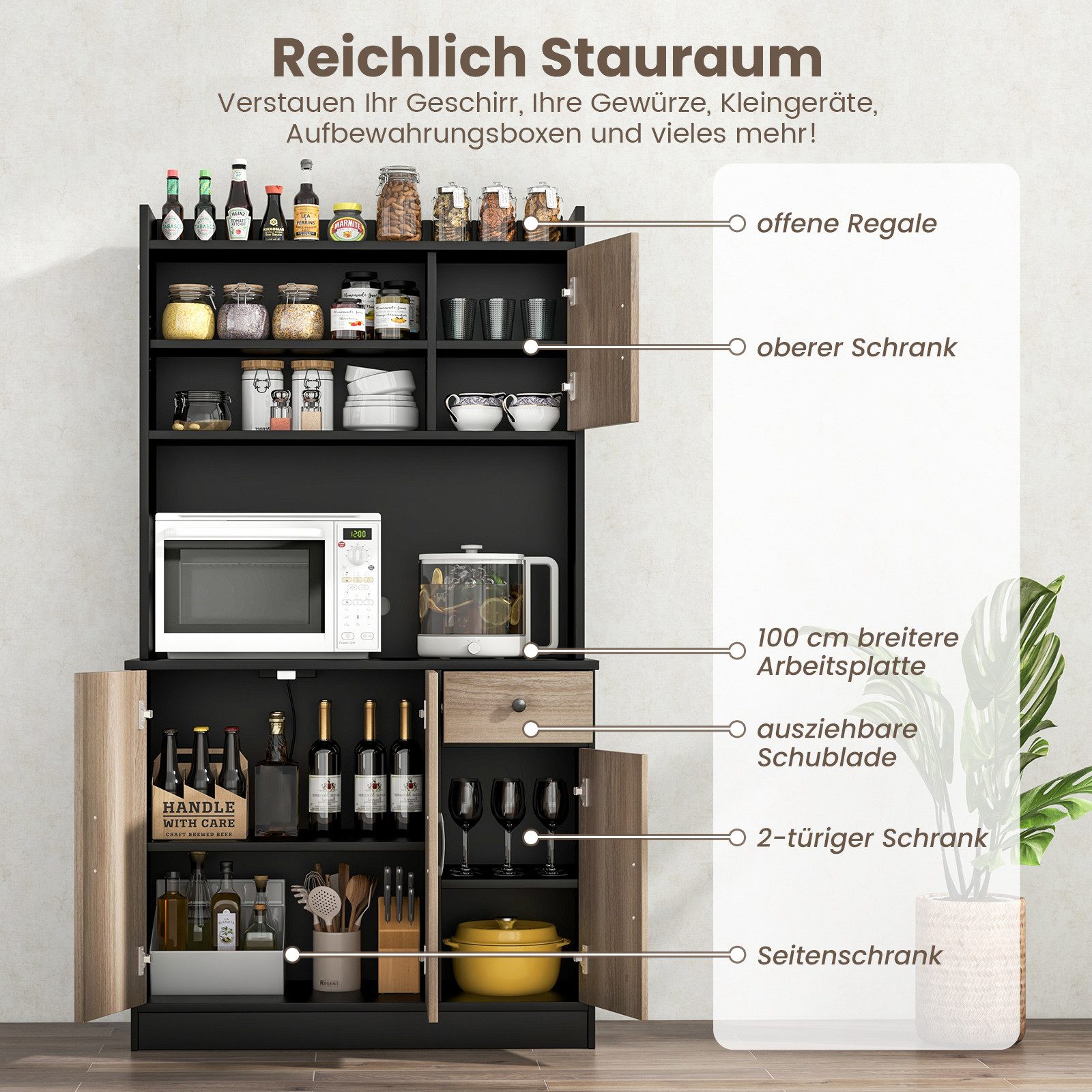 COSTWAY Küchenbuffet mit Arbeitsplatte, Vorratschrank, Küchenschrank, 180cm