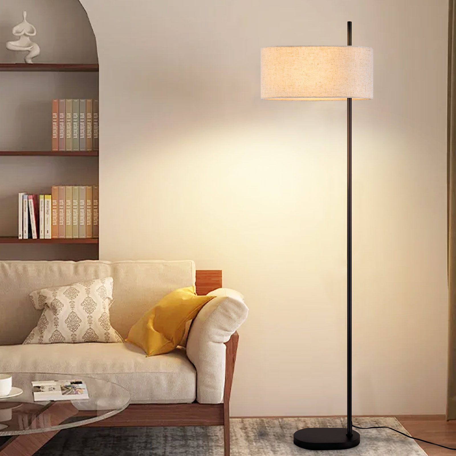 Stehlampe Wohnzimmer Vintage Stoffschirm Weiß E27 1/3 Flammig Fußschalter