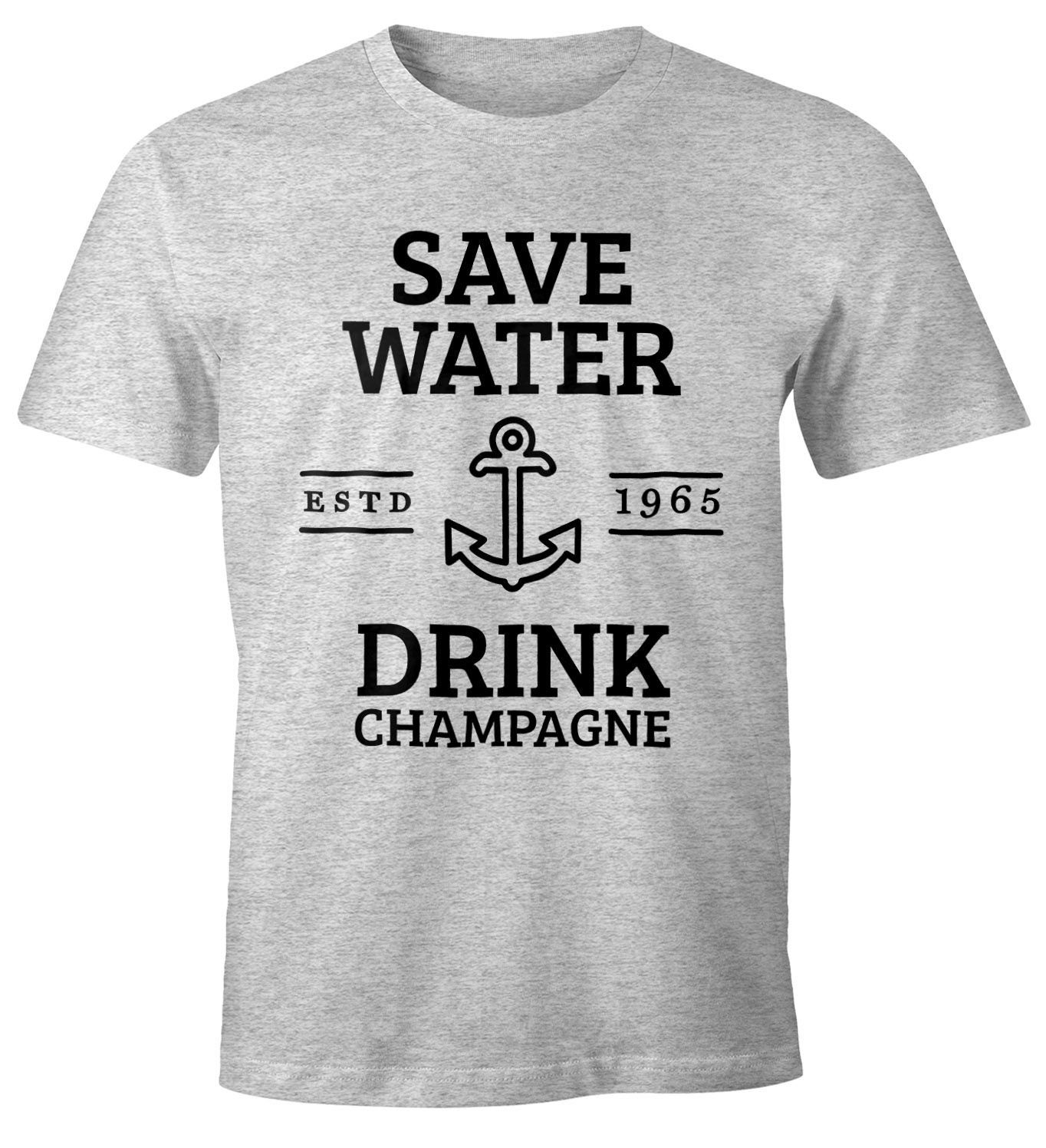 MoonWorks Print-Shirt Save water drink Champagne Herren T-Shirt Fun-Shirt Moonworks® mit Print grau