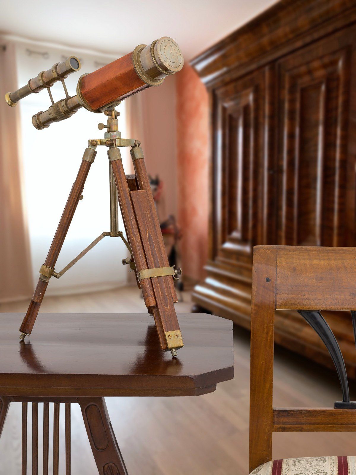 Doppel-Teleskop mit Holz-Stativ Fernrohr Fernglas Messing Antik-Stil 