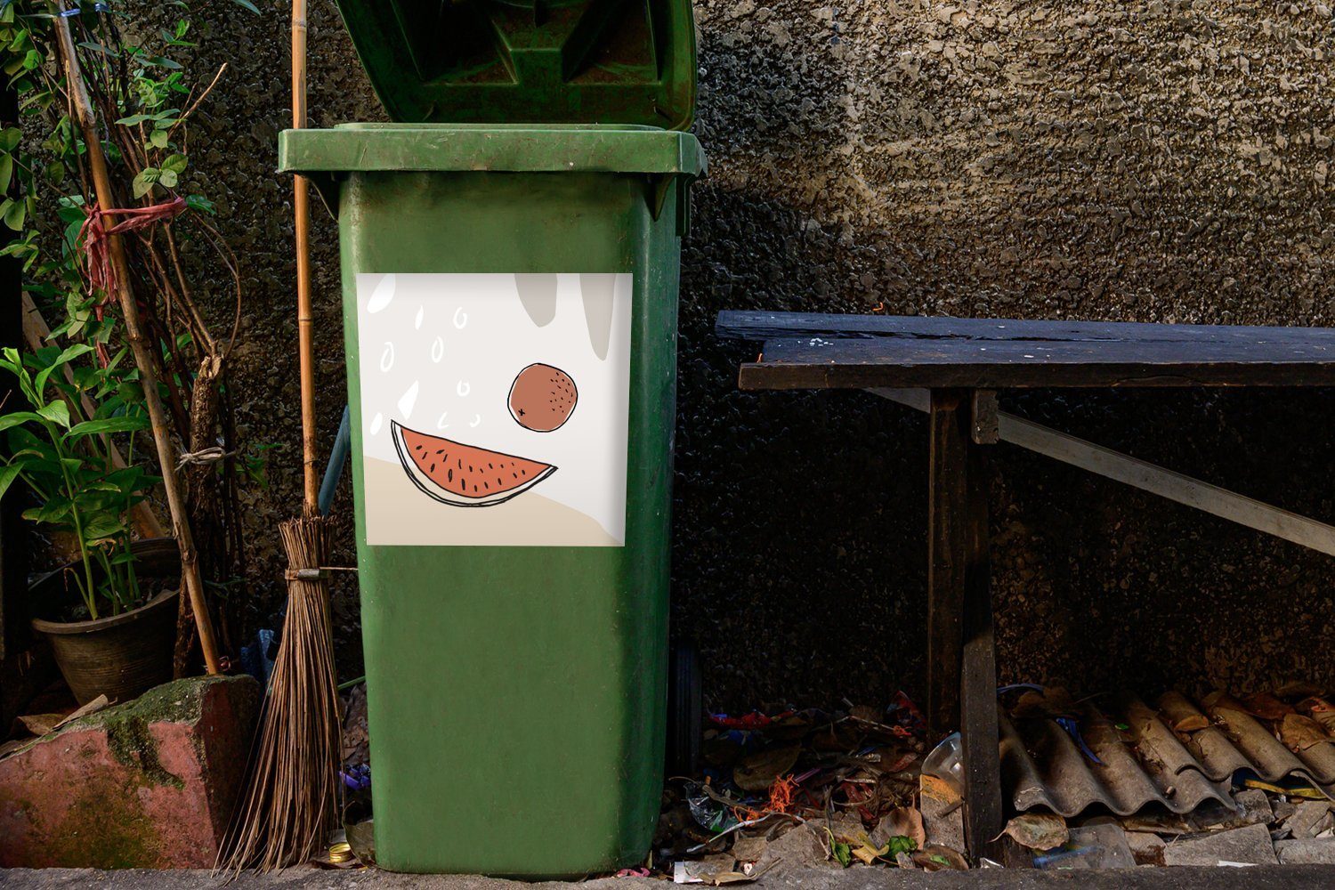 Wandsticker Melone St), Mülltonne, Container, (1 - Mülleimer-aufkleber, Sommer Abfalbehälter MuchoWow - Kokosnuss Sticker,