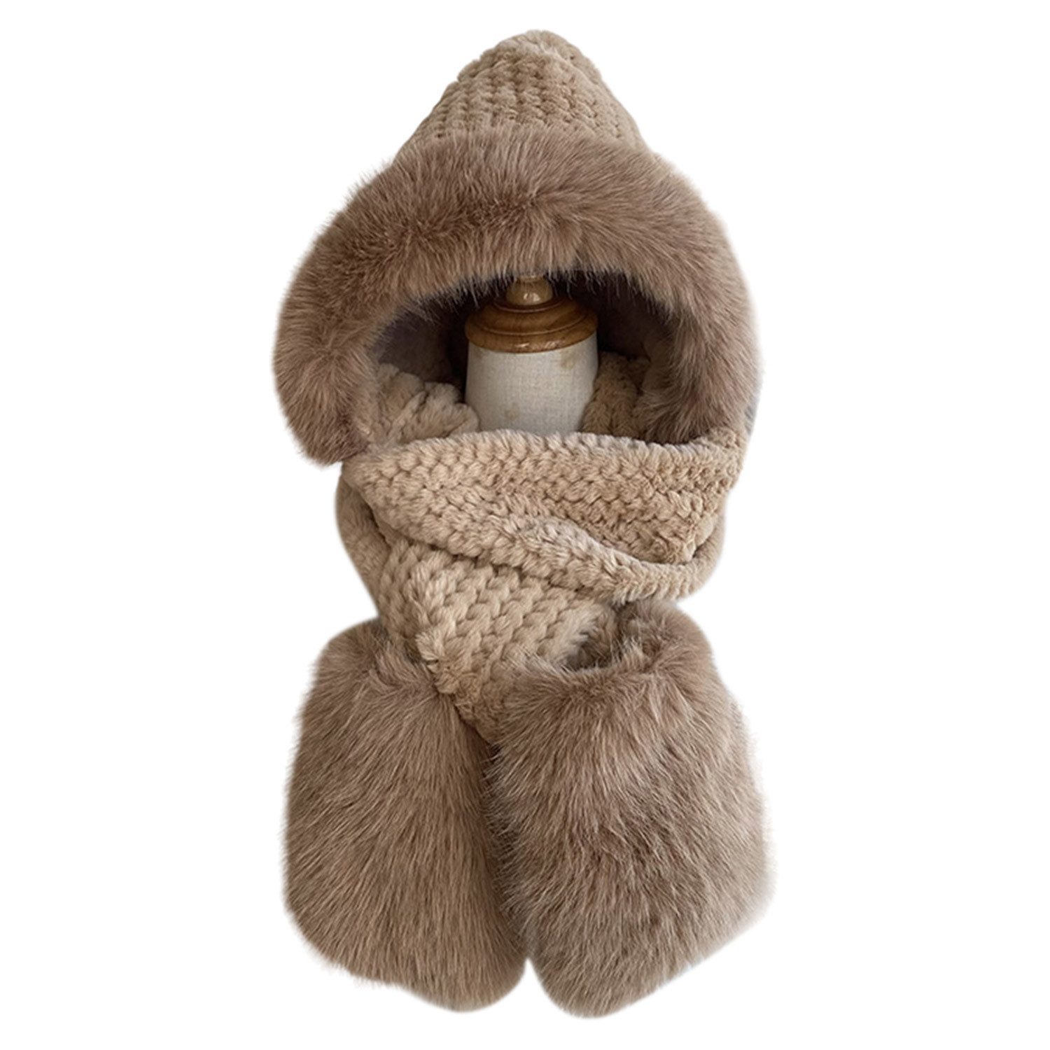 Refttenw Strickmütze Damen Winter Warm Winddichte All-in-One Schal, Mütze, Handschuhe