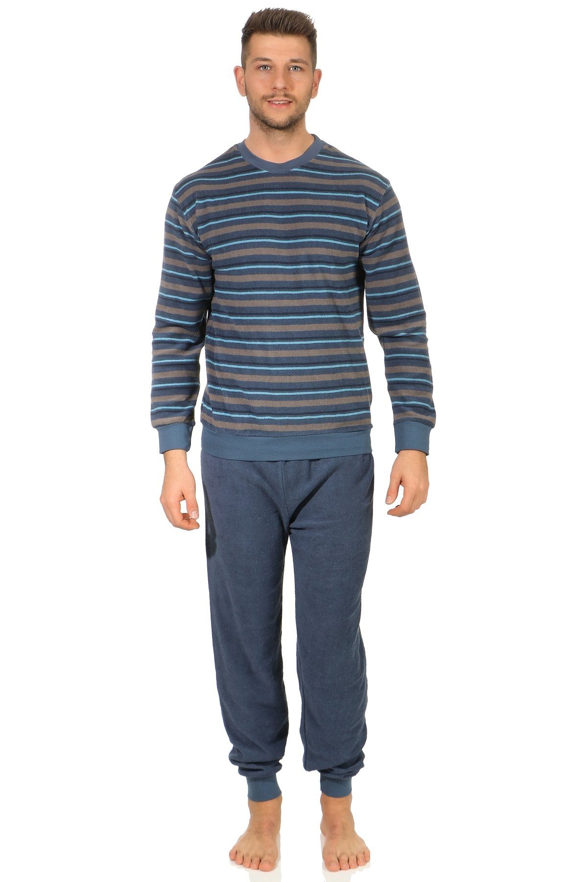 Normann Pyjama Herren Frottee langarm Schlafanzug mit Bündchen in Streifeno günstig online kaufen