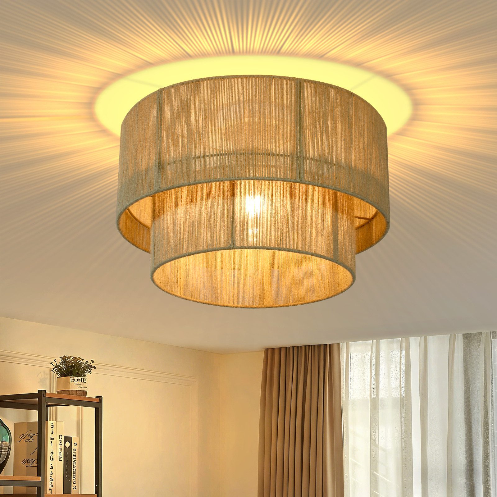 Nettlife Deckenleuchte Vintage Juteschnur Boho-Design Rustikale Pendelleuchte E27, ohne Leuchtmittel, für Wohnzimmer Schlafzimmer Küche oder Flur