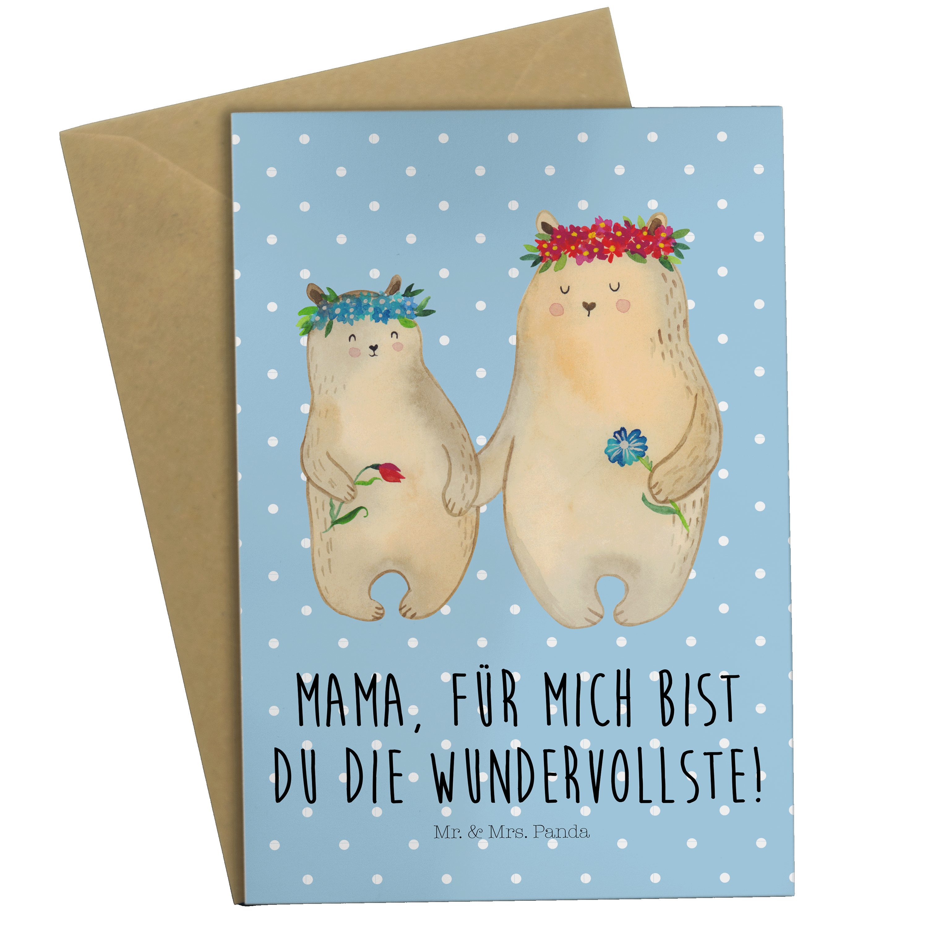 Mr. & Mrs. Panda Grußkarte Bären mit Blumenkranz - Blau Pastell - Geschenk, Geburtstagskarte, Ma