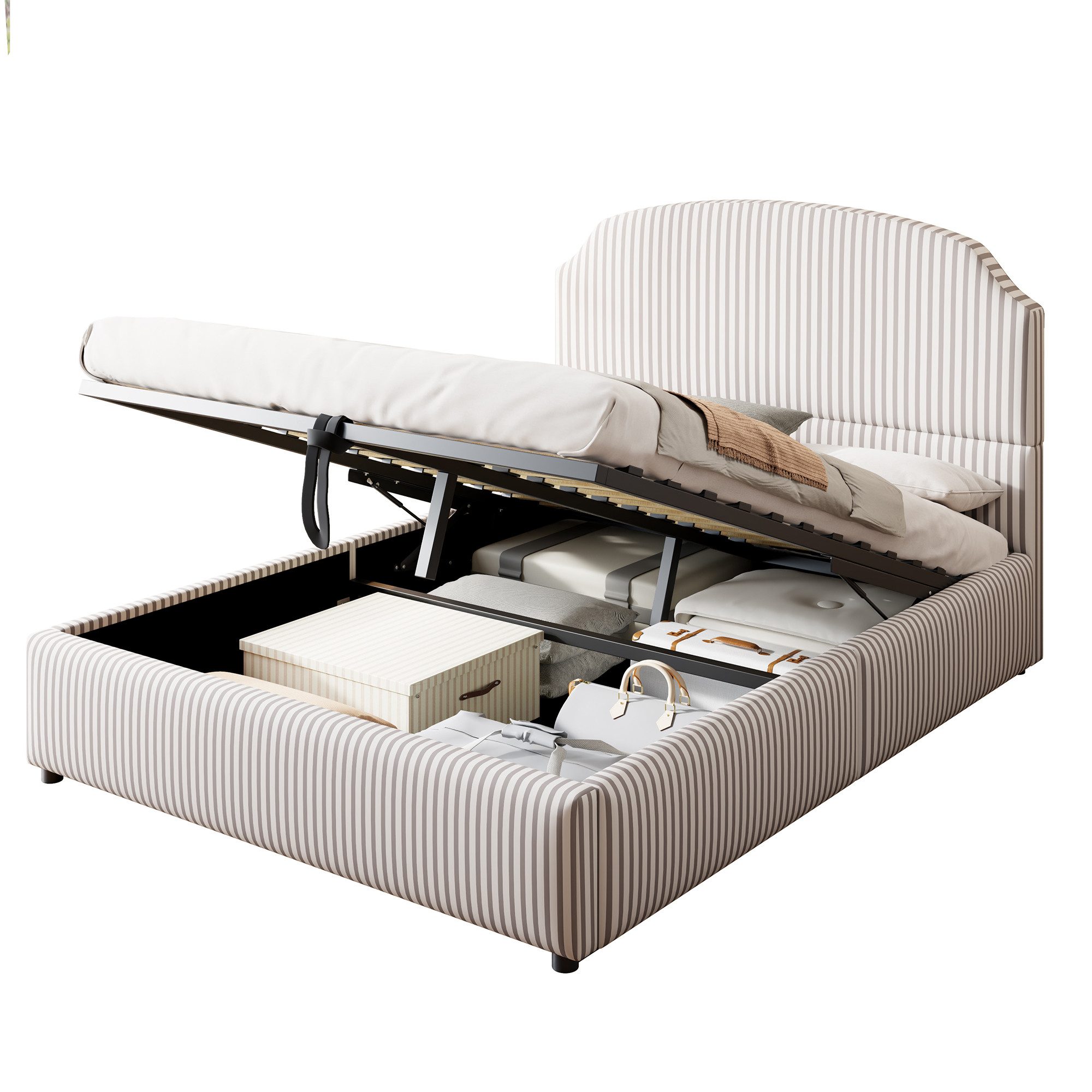 i@home Polsterbett Doppelbett, 140*200 (1 Bett), mit hydraulischer Staufunktionund Stauraum, Hochwertiger Plüschstoff