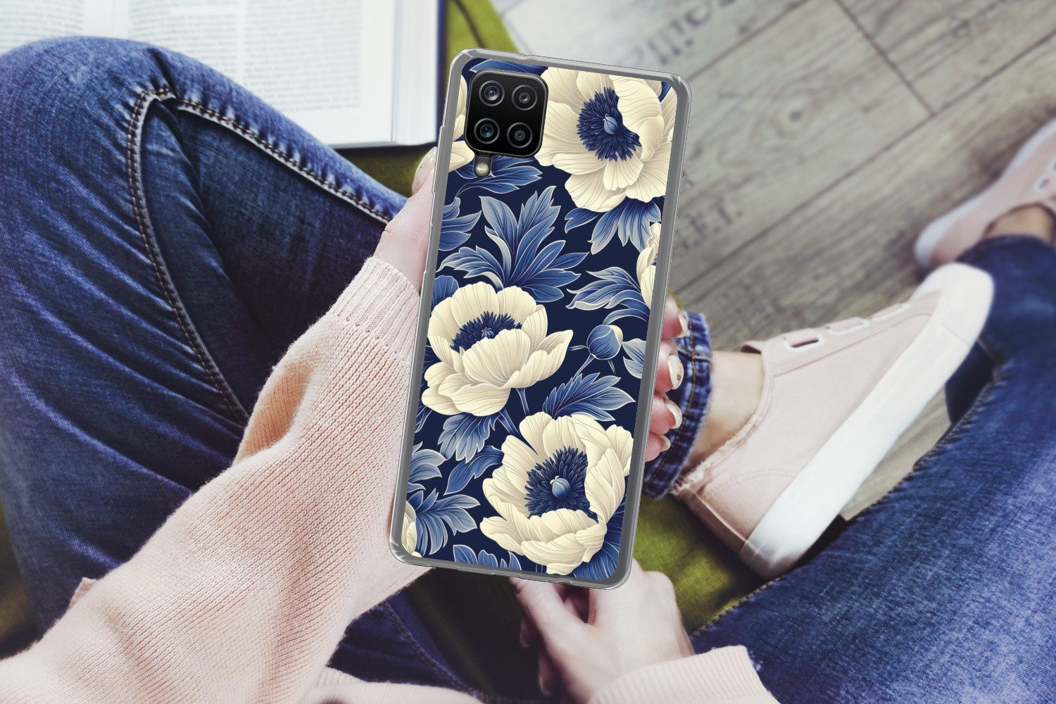 MuchoWow Handyhülle für Samsung Galaxy A12 Blumen - Muster - Blau - Weiß, Smartphone-Bumper, Print, Handy Schutzhülle Dünn