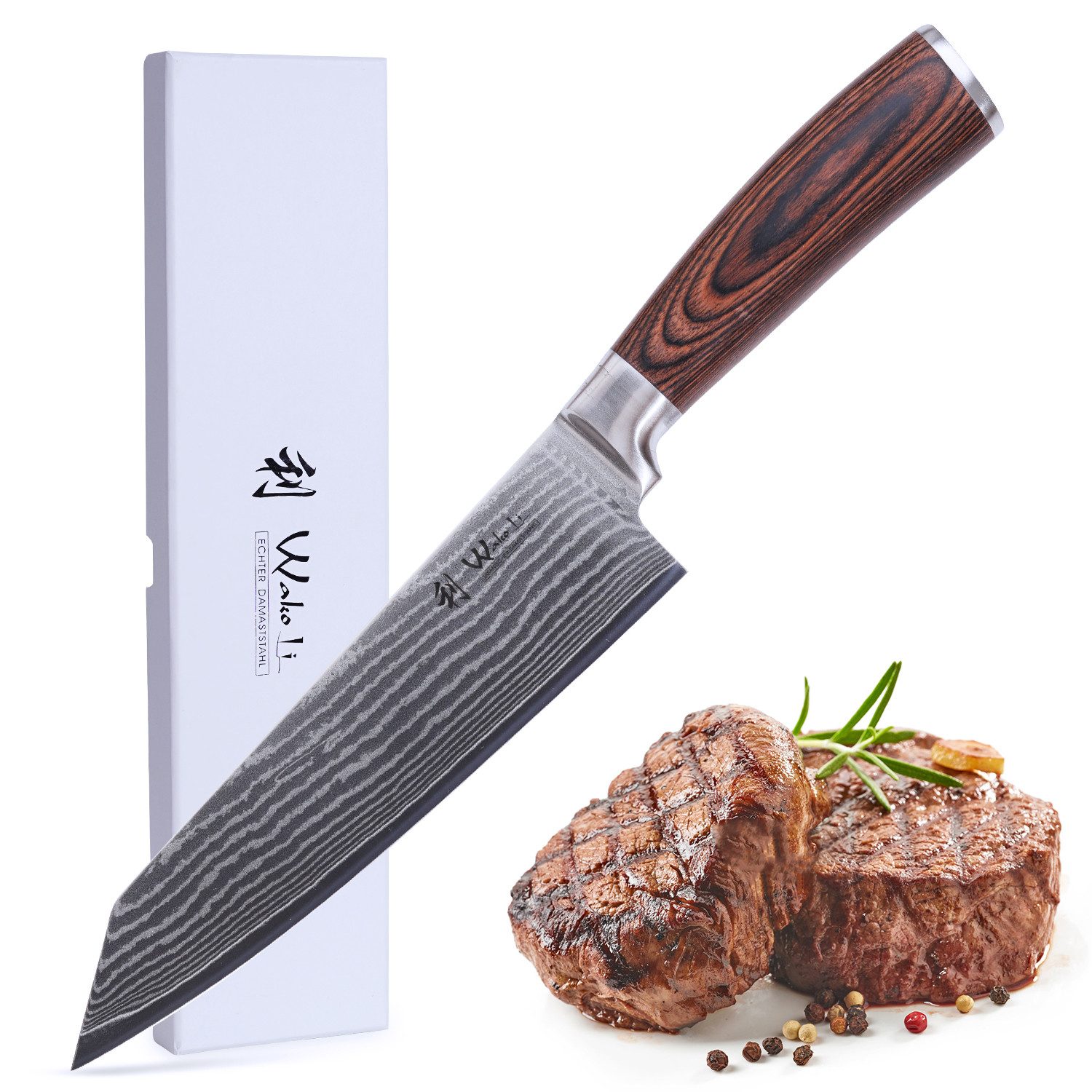 Wakoli Damastmesser EDIB Chefmesser Kiritsuke Kochmesser 20 cm Klinge Pakkaholzgriff, Küchenmesser aus 67 Lagen Damaststahl mit VG10 Kern inkl. Geschenkbox