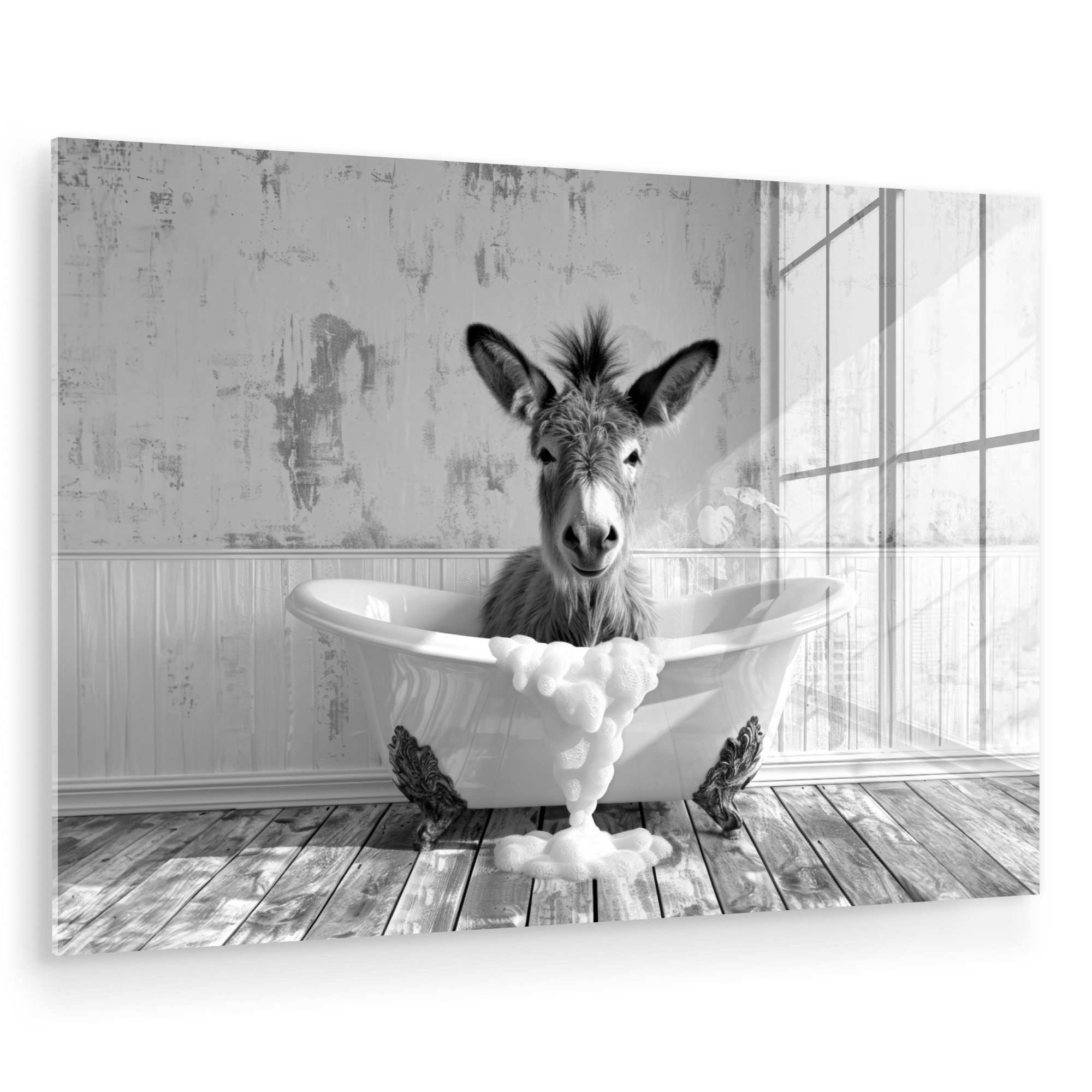 MuchoWow Acrylglasbild Esel - Tier - Vintage - Badewanne - Schwarz - Weiß, günstig online kaufen