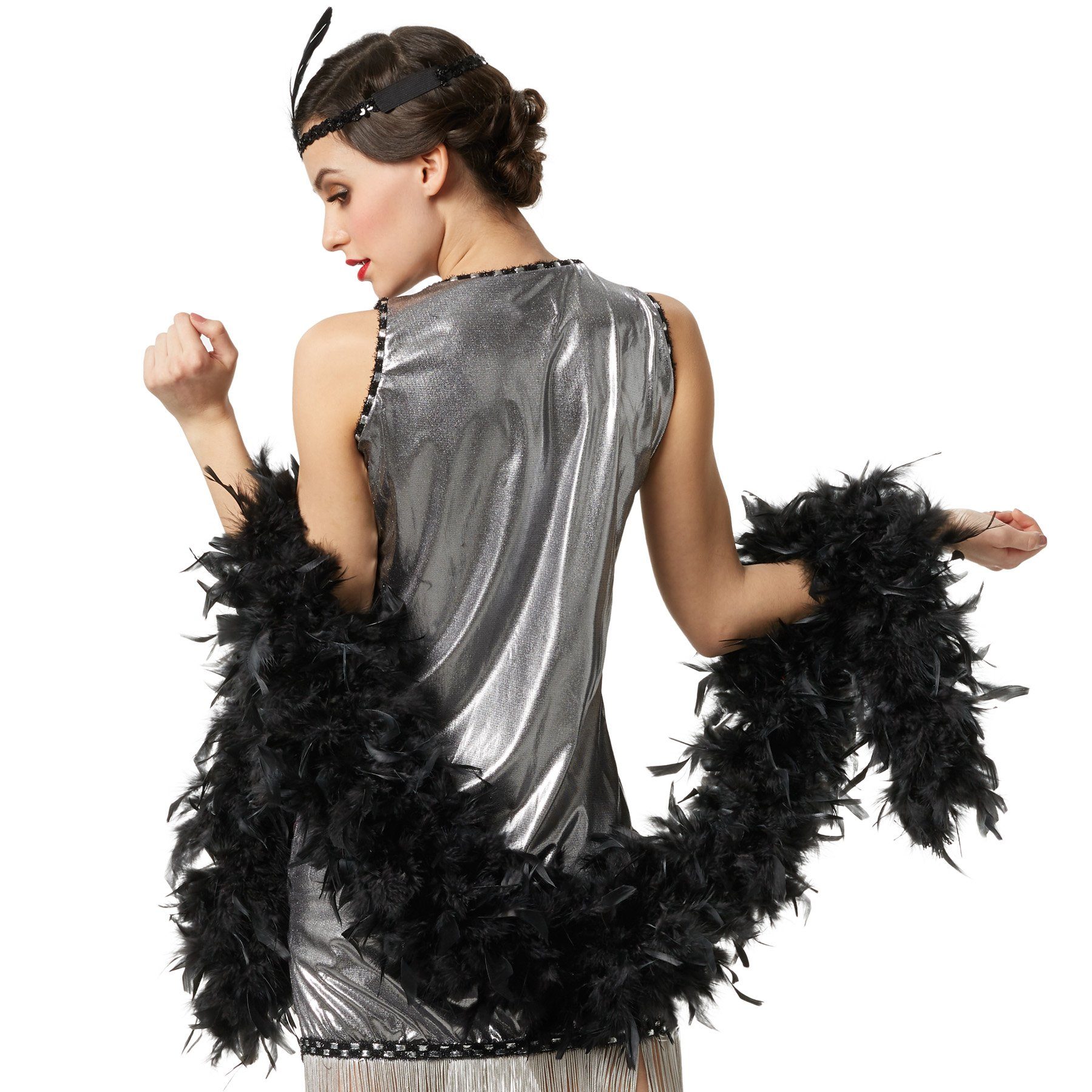 dressforfun Kostüm Faschingskleidung, auch Maskeradenverkleidung, in schwarz, 180 cm, Gewicht: ca. 120 g, Schwarze Federboa mit echten Truthahnfedern