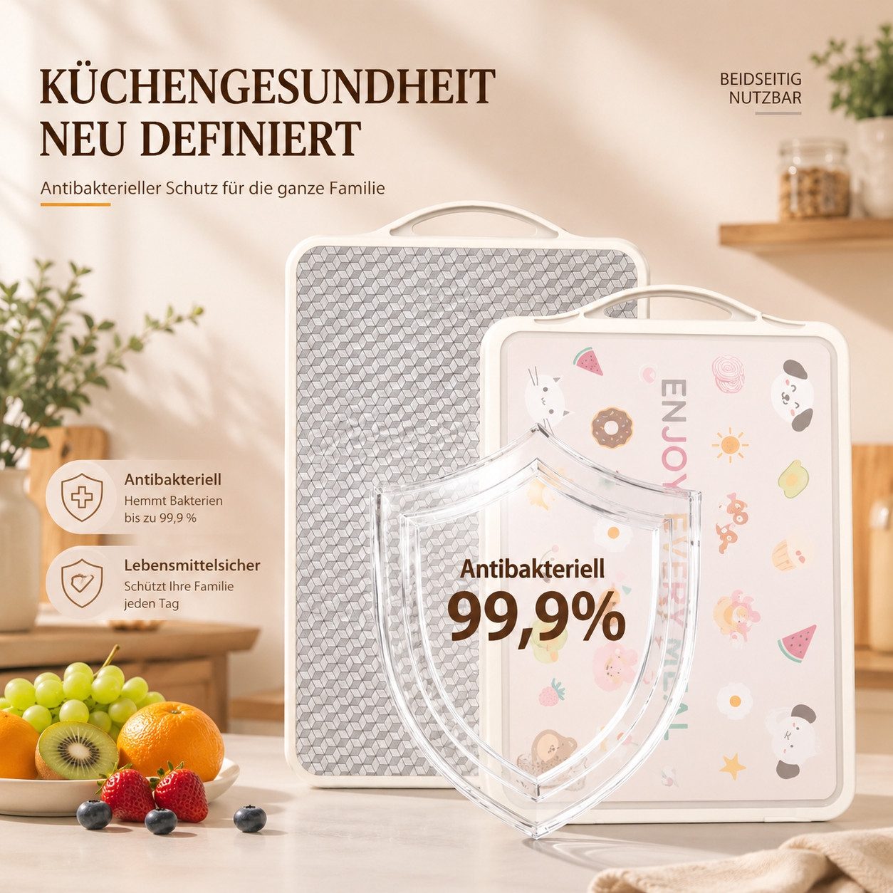 Jumpeak Schneidebrett Titan Schneidebrett mit Saftrille,Anschlagkante,rostfrei,beidseitig, Edelstahl, Edelstahl Schneidebrett 41x32cm,antibakteriell,mit Griff – Bild 5 von 5