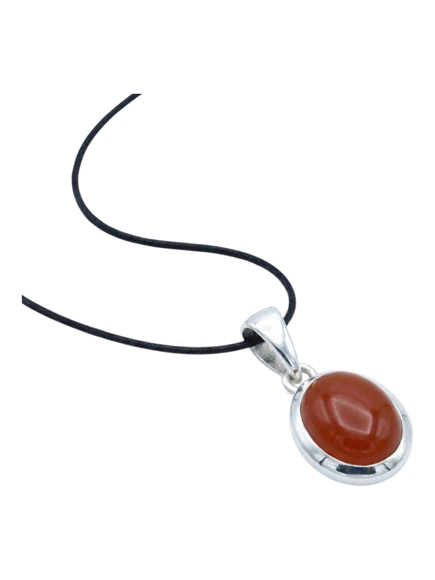 mantraroma Kettenanhänger MIALE oval aus 925 Silber mit Karneol (Kettenanhänger am Baumwollband im Schmuckbeutel), 925 Sterling Silber Kettenanhänger für Damen