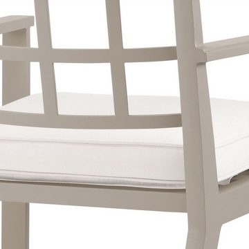 Casa Padrino Esszimmerstuhl Luxus Esszimmerstuhl mit Armlehnen Sandfarben / Weiß 64,5 x 65 x H. 88,5 cm - Wetterbeständiger Aluminium Stuhl mit Sitzkissen - Garten Terrassen Stuhl - Luxus Qualität