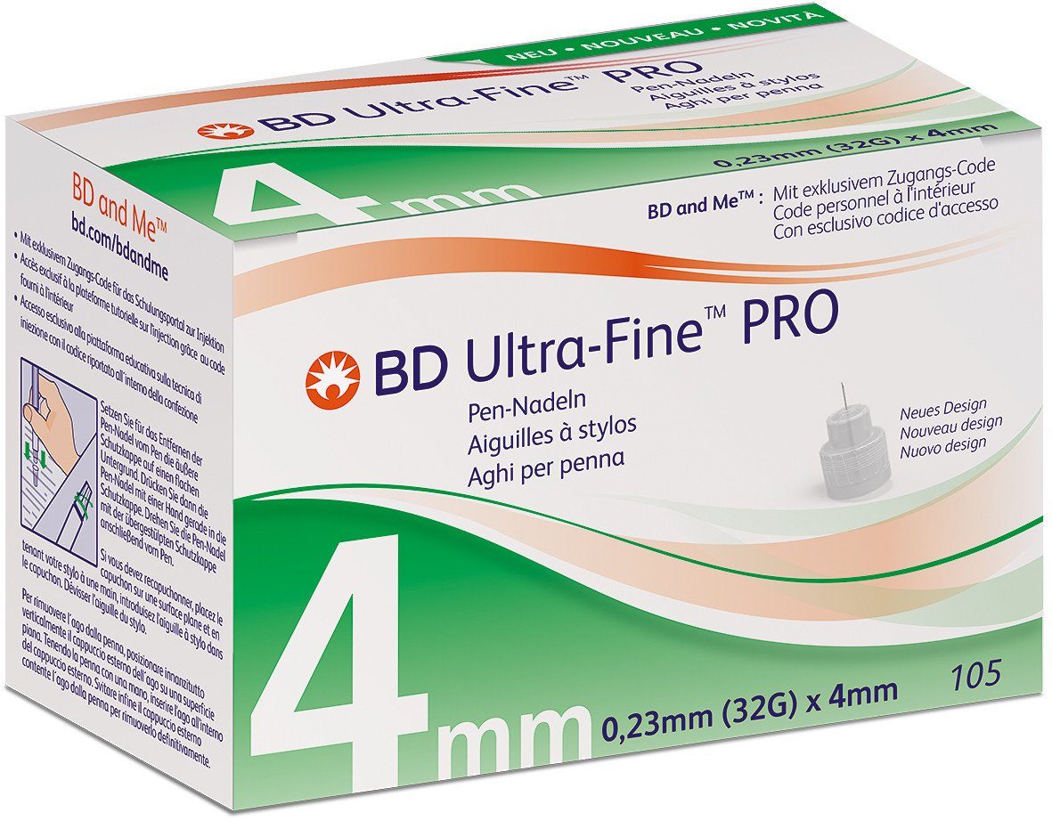 Becton Dickinson Ланцети BD ULTRA-FINE PRO Pen-Nadeln 0,23x4 mm, 32,00G, 105 St., Spar-Set, Latexfrei und pyrogenfrei, 105 tlg., Diabetesmanagement, PentaPoint und EasyFlow Technologie