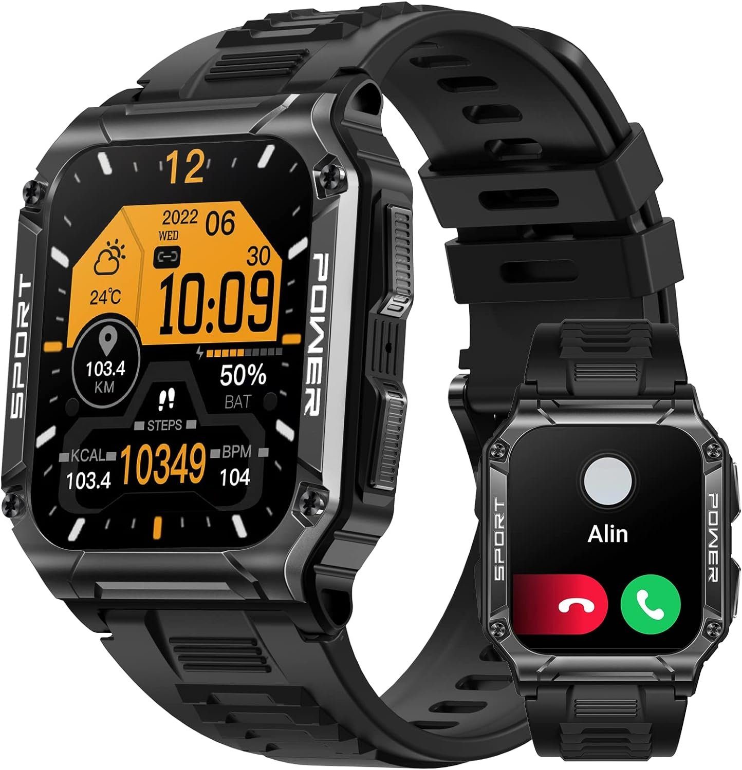 PYRODUM NX6 Fur Herren mit Telefonfunktion,Fitness Smartwatch (1.95 Zoll, Andriod iOS), mit Blutdruckmessung,Herzfrequenzmessung,Schrittzähler 100+ Sport modi