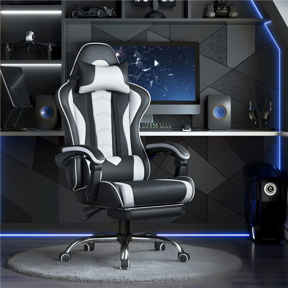Yaheetech Gaming-Stuhl mit Massagefunktion & Kopfstütze & Fußstütze Ergonomischer PC-Stuhl, Drehstuhl Computerstuhl Verstellbare Rückenlehne